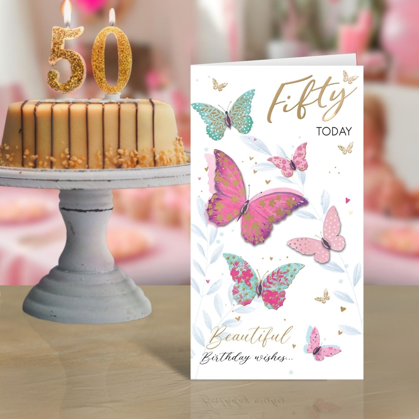 Female 50th Birthday Card Embellished Butterflies Champagne Greeting Card