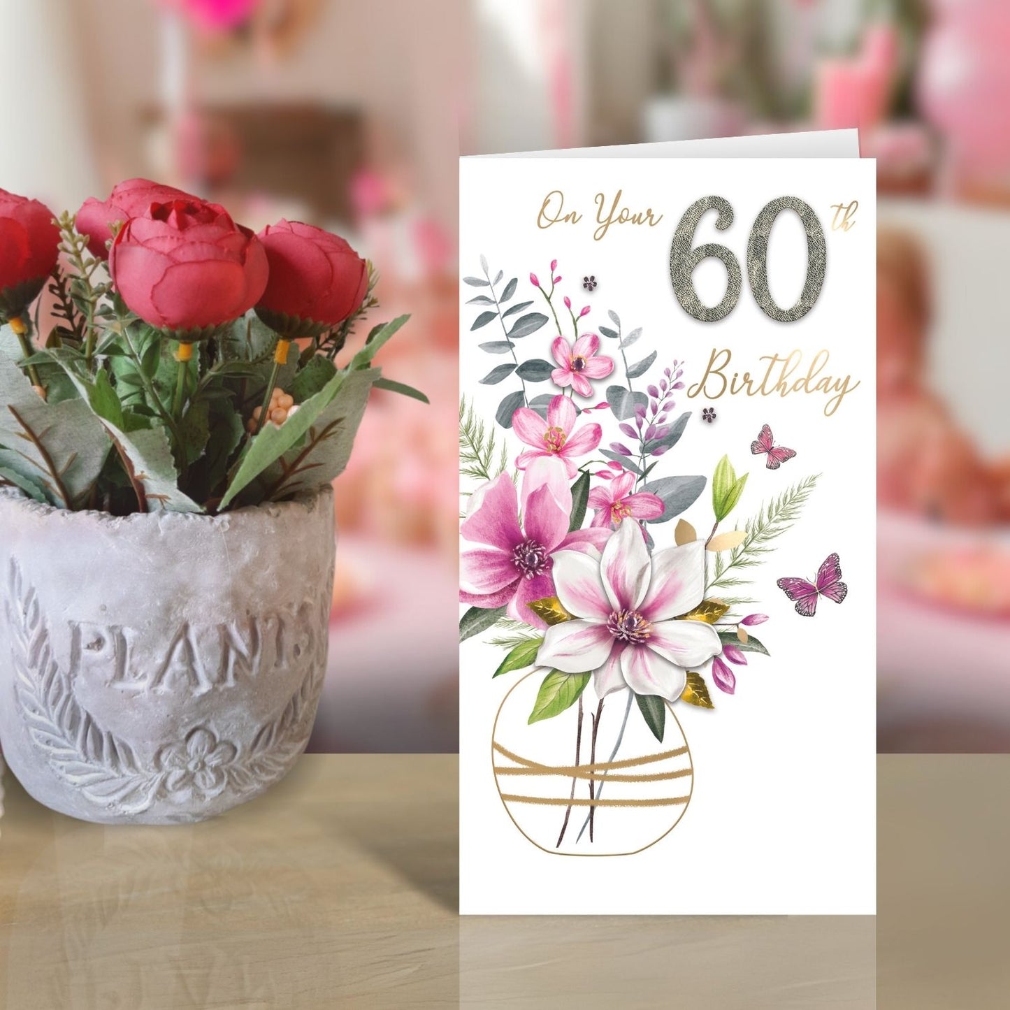 Female 60th Birthday Card Embellished Vase Of Flowers Champagne Greeting Card