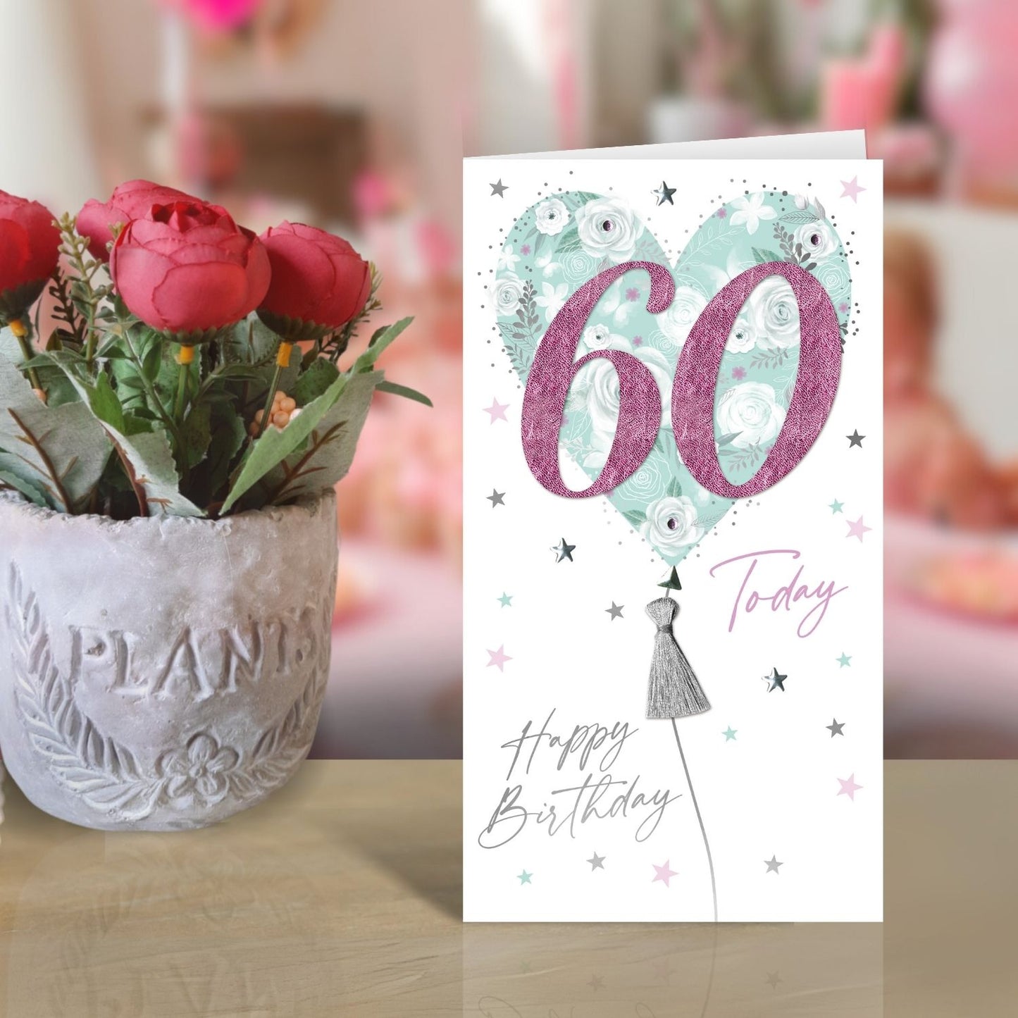 Female 60th Birthday Card Embellished Balloons Champagne Greeting Card