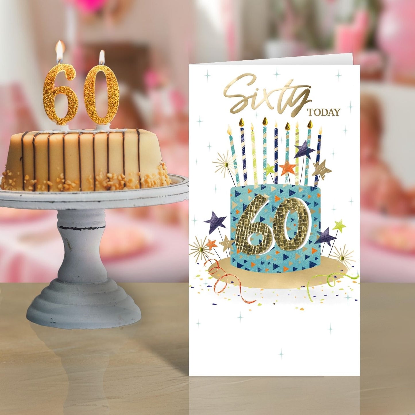 Male 60th Birthday Card Embellished Cake & Candles Champagne Greeting Card