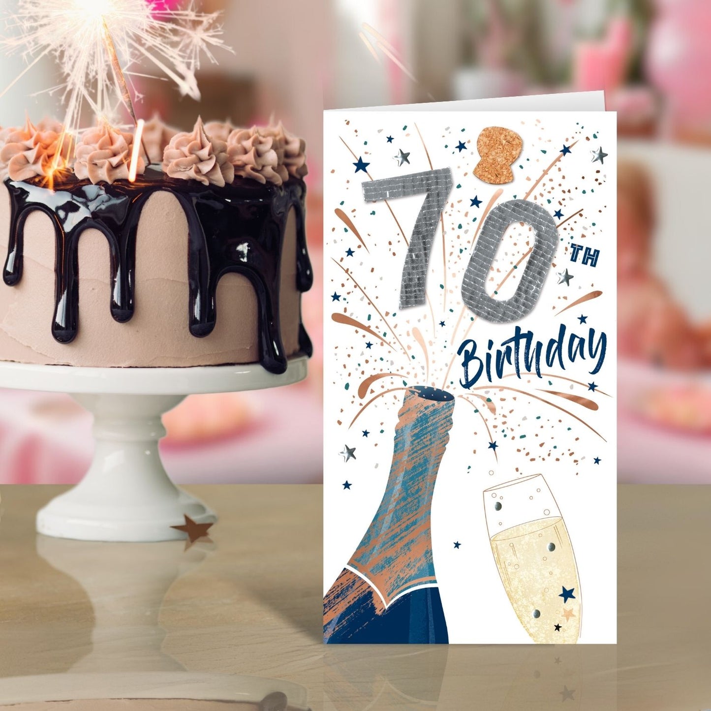 70th Birthday Card Embellished Fizz Popping Champagne Greeting Card