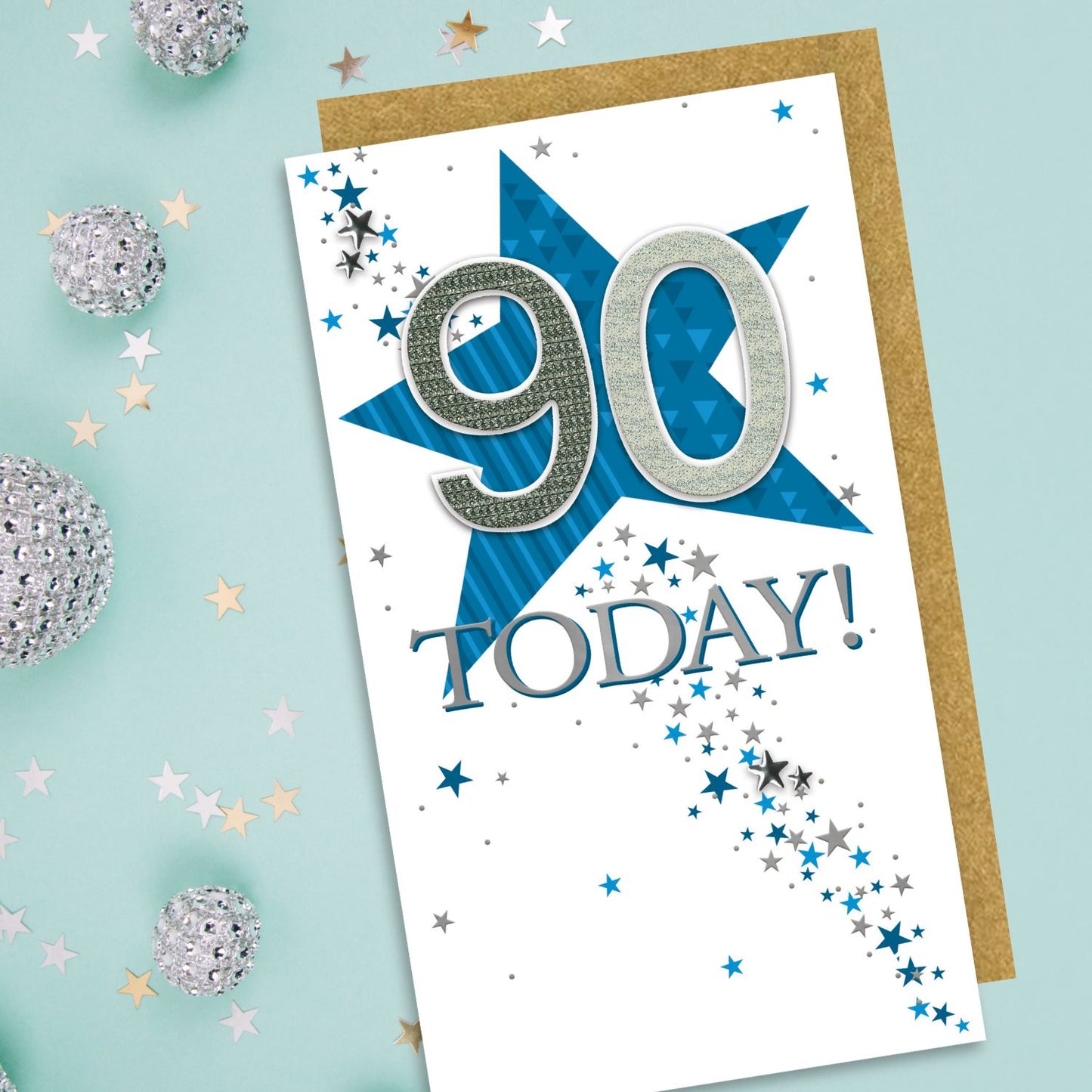 90 Today Super Starry Fun Hand-Finished Champagne Birthday Card