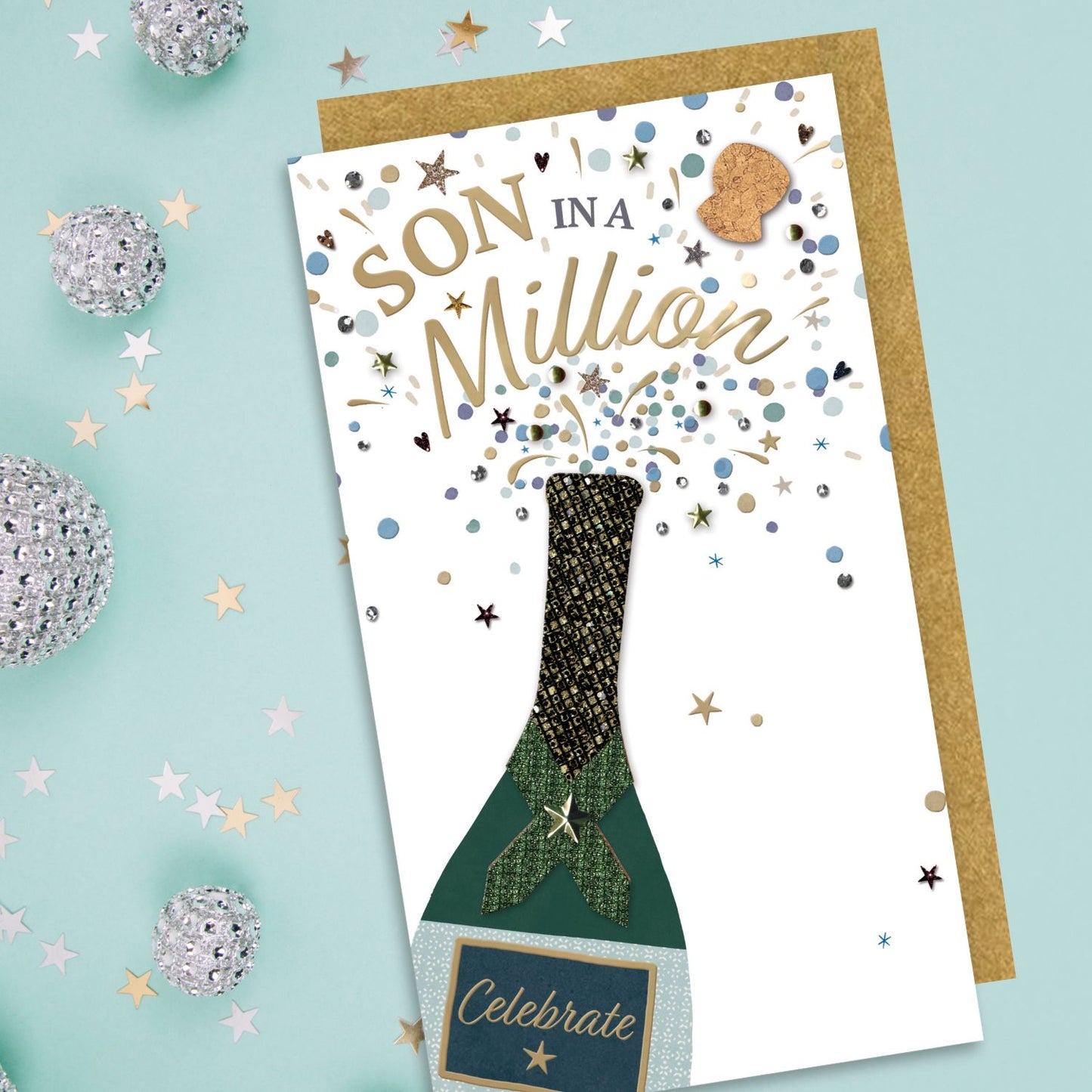 Son In A Million Pop, Fizz, Fun Hand-Finished Champagne Birthday Card