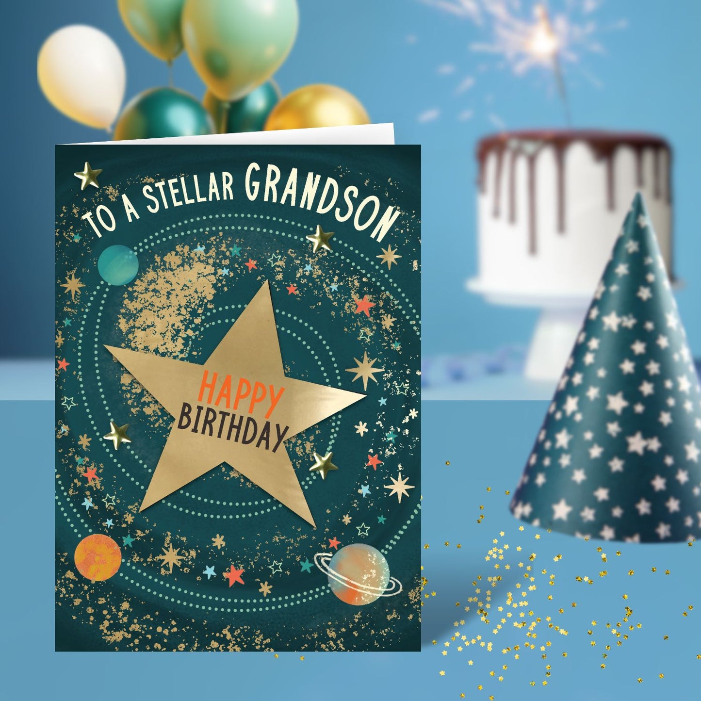 To A Stellar Grandson Galactic Adventure Hand-Finished Birthday Greeting Card