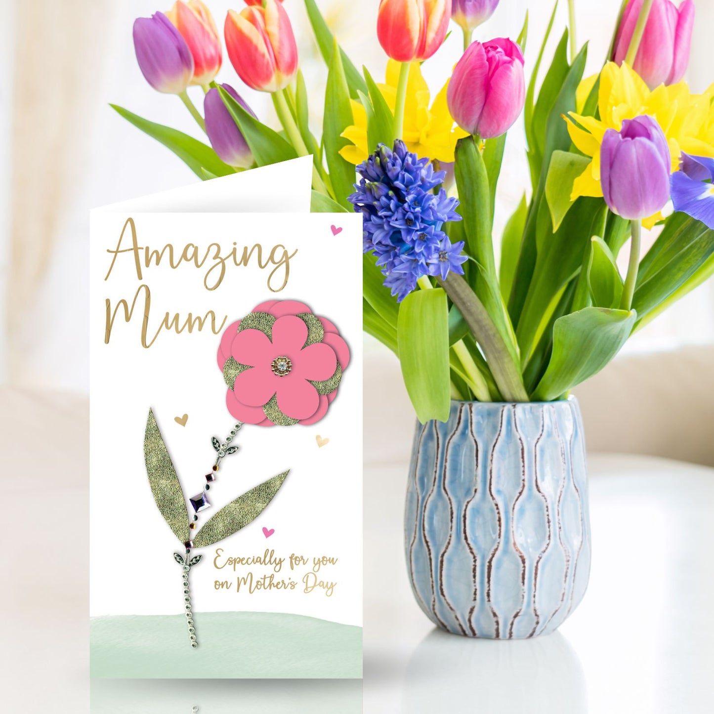 Hand-Finished Mother's Day Card Amazing Mum Embellished Flower Champagne Card