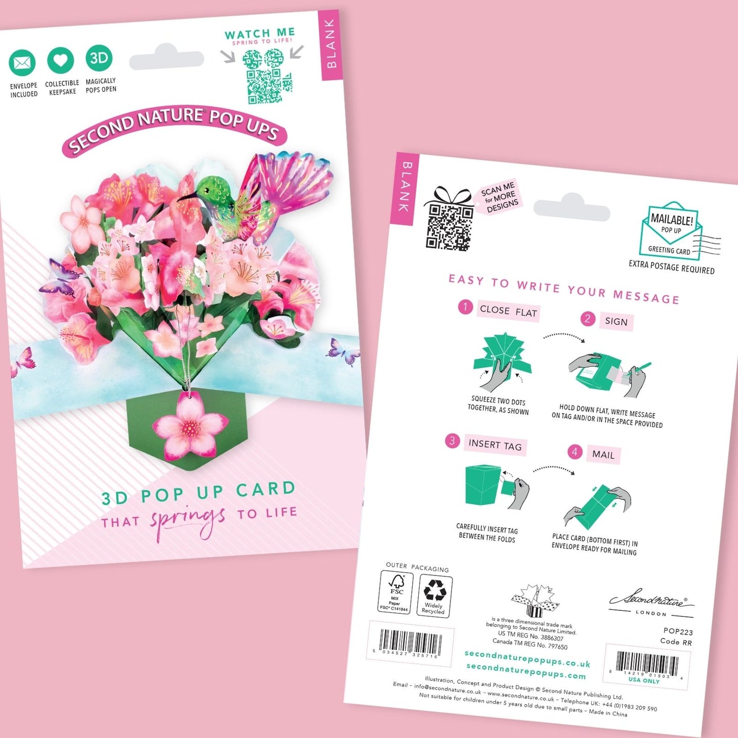 Hummingbird & Flowers Pop Up Greeting Card Birthday Or Any Occasion