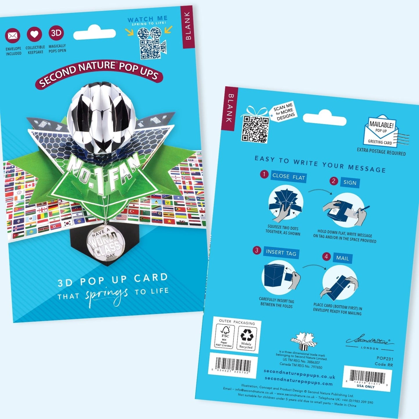 Football No.1 Fan Pop Up Greeting Card With World Cup Flags