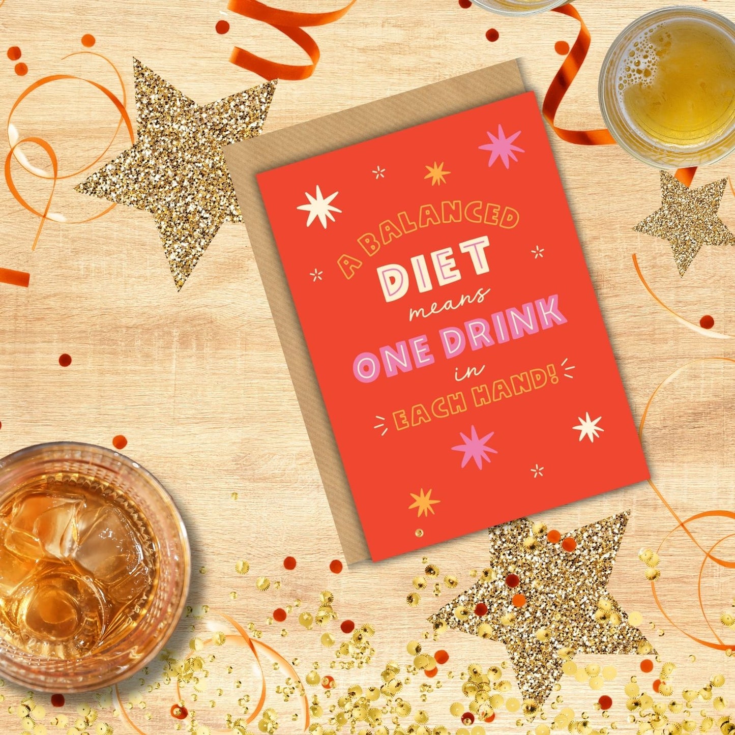 Scribbler Balanced Diet Means One Drink In Each Hand Funny Greeting Card