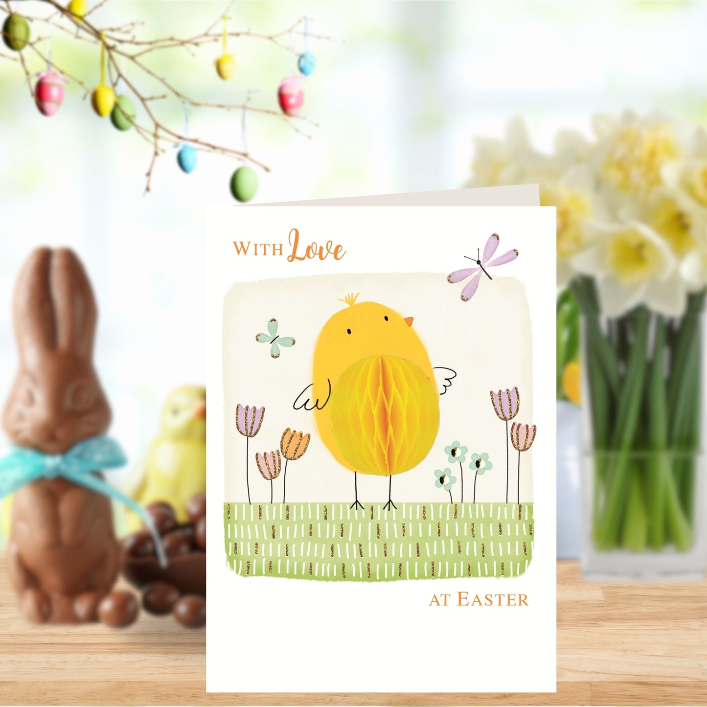Honeycomb With Love Cute Chick On Grass Easter Greeting Card