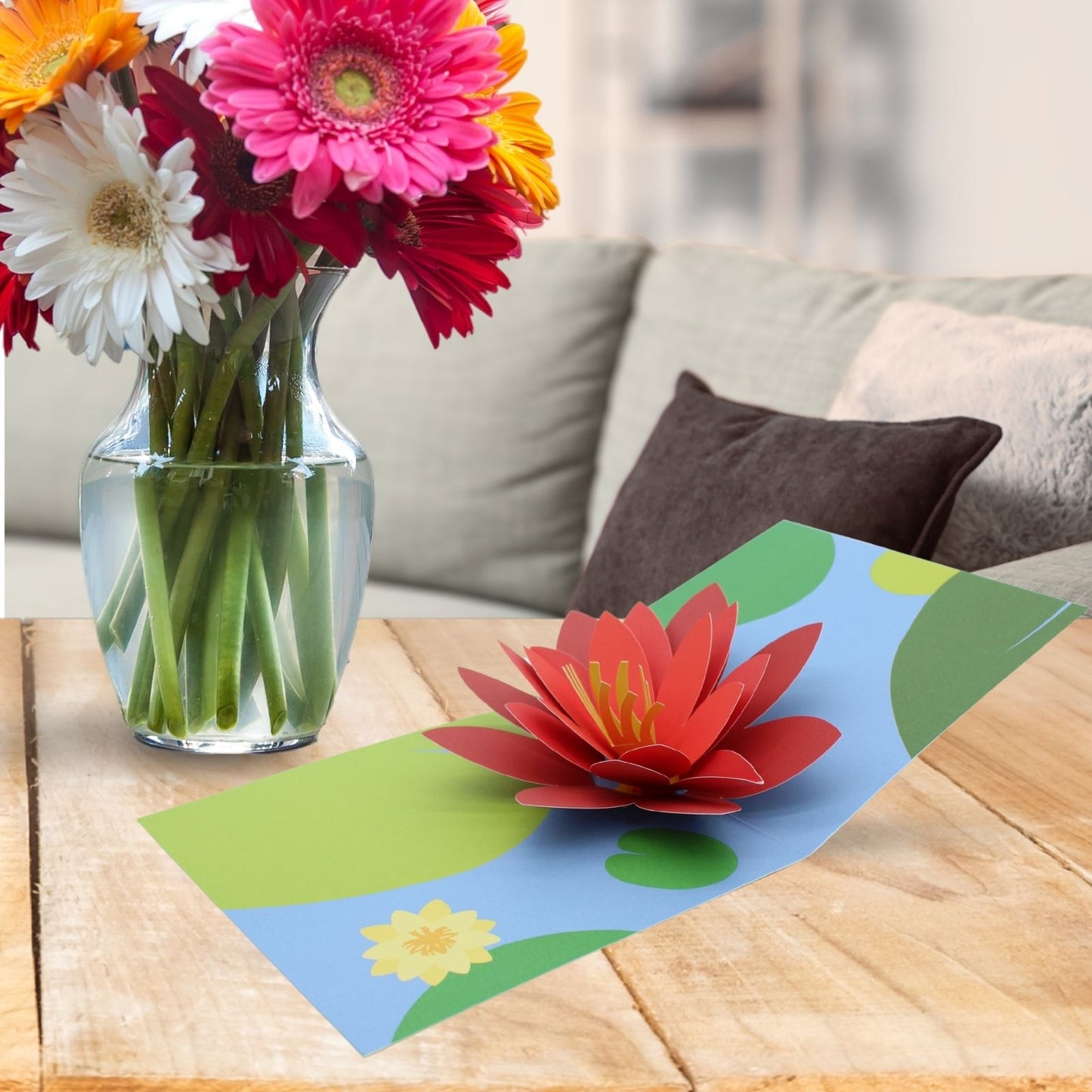 2toTango 3D Pop Up Card Red Water Lilies Greeting Card Any Occasion