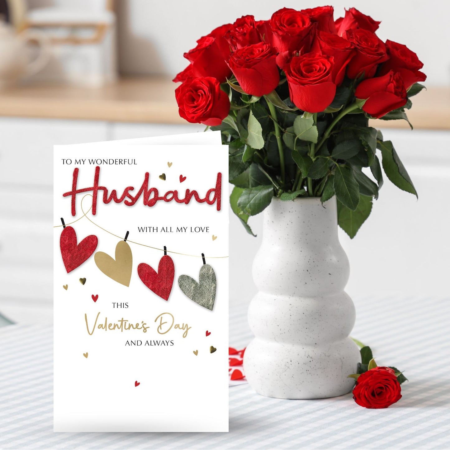 Hand-Finished Wonderful Husband Valentine's Card Embellished Hearts Champagne Card
