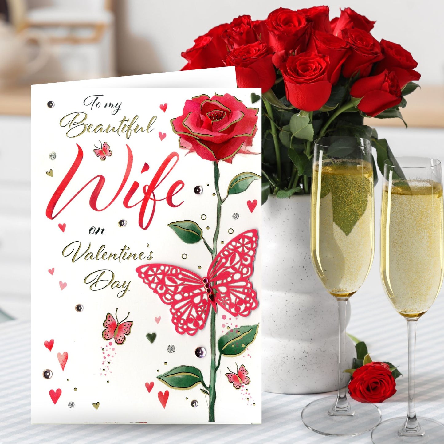 Magnifique Beautiful Wife Embellished Valentine's Card Single Rose & Butterfly