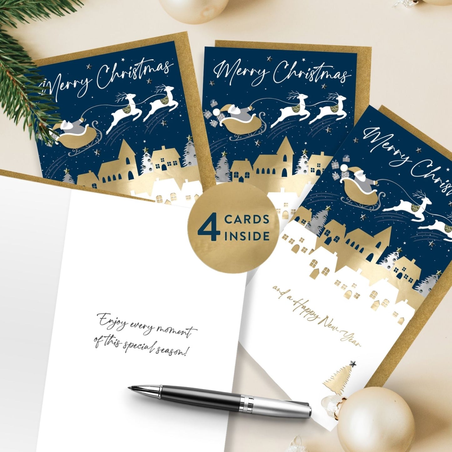 Box Of 4 Christmas Cards Luxury Champagne Hand-Finished Embellished Santa Design