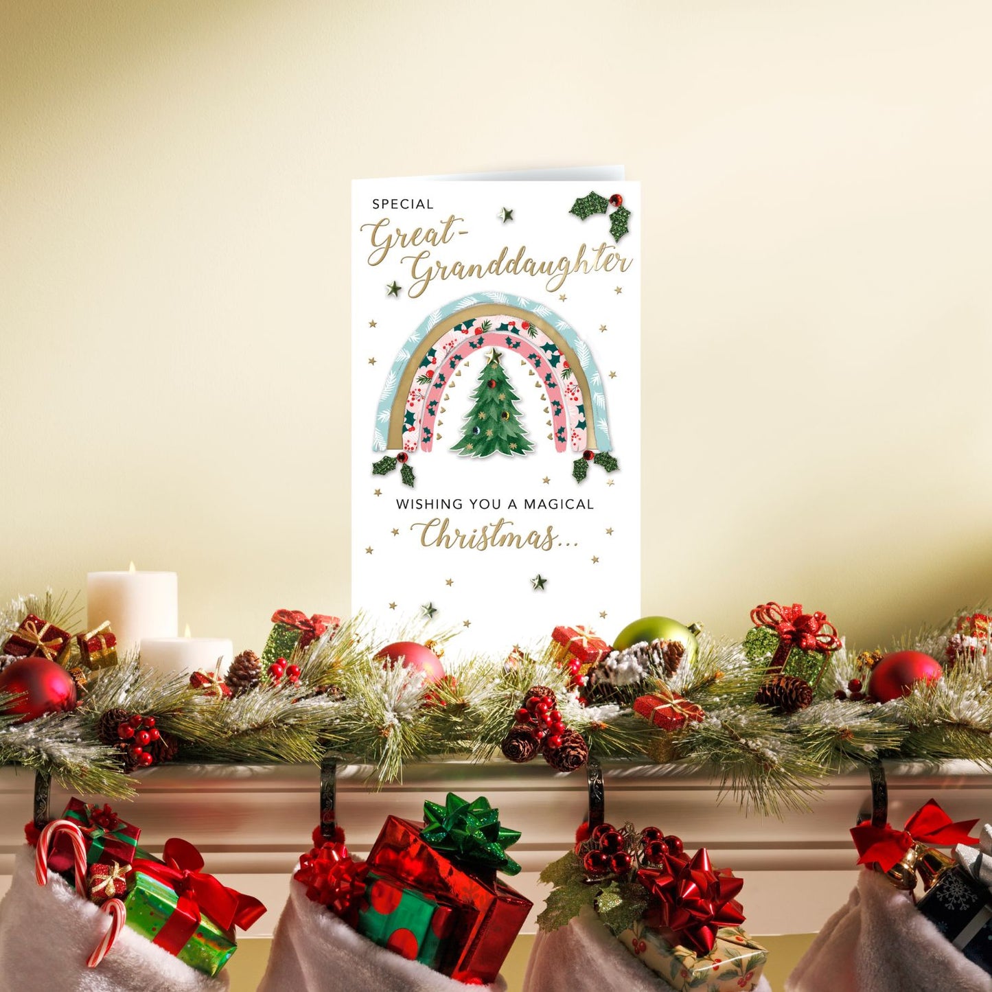 Embellished Great-Granddaughter Champagne Hand-Finished Christmas Greeting Card