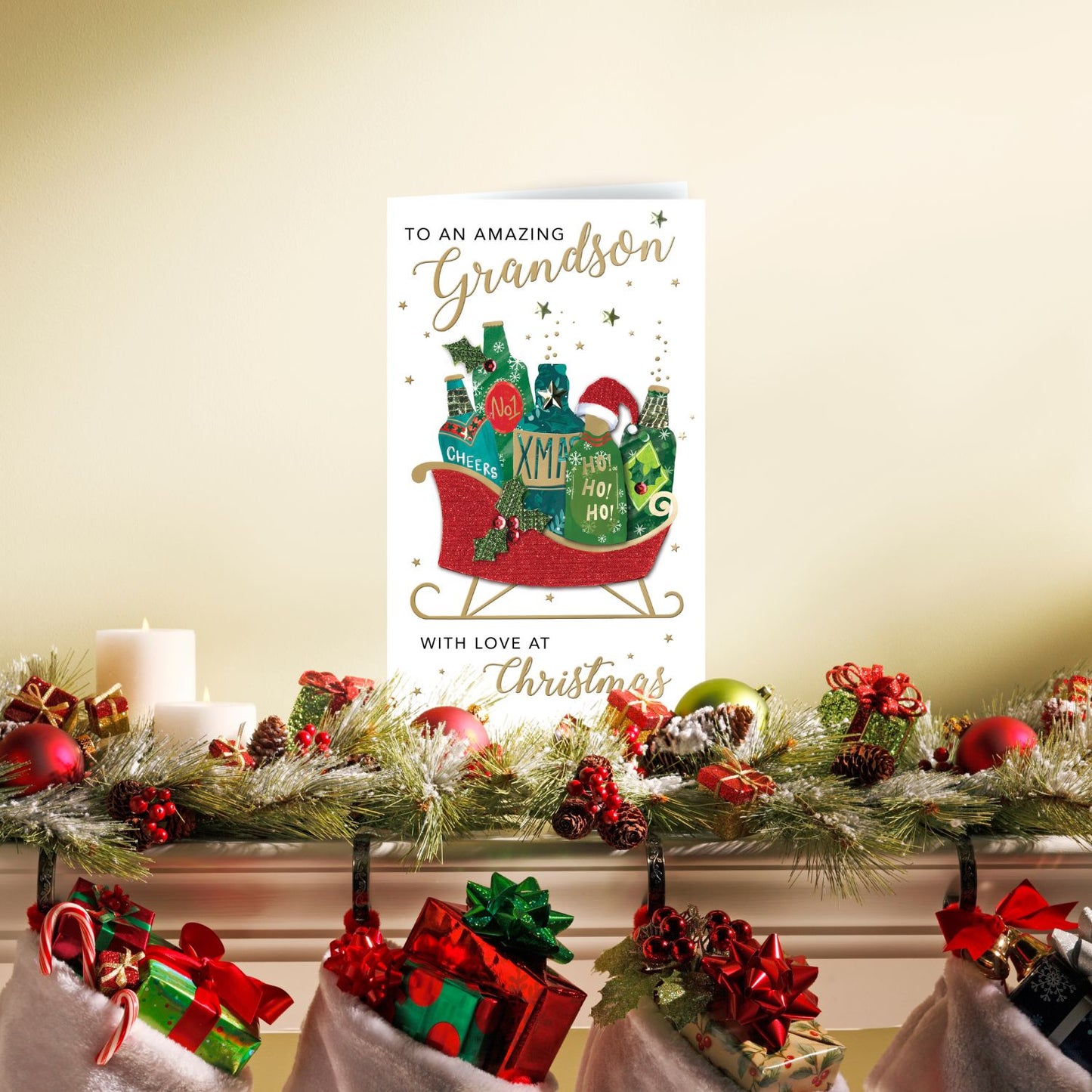 Embellished Amazing Grandson Champagne Hand-Finished Christmas Greeting Card