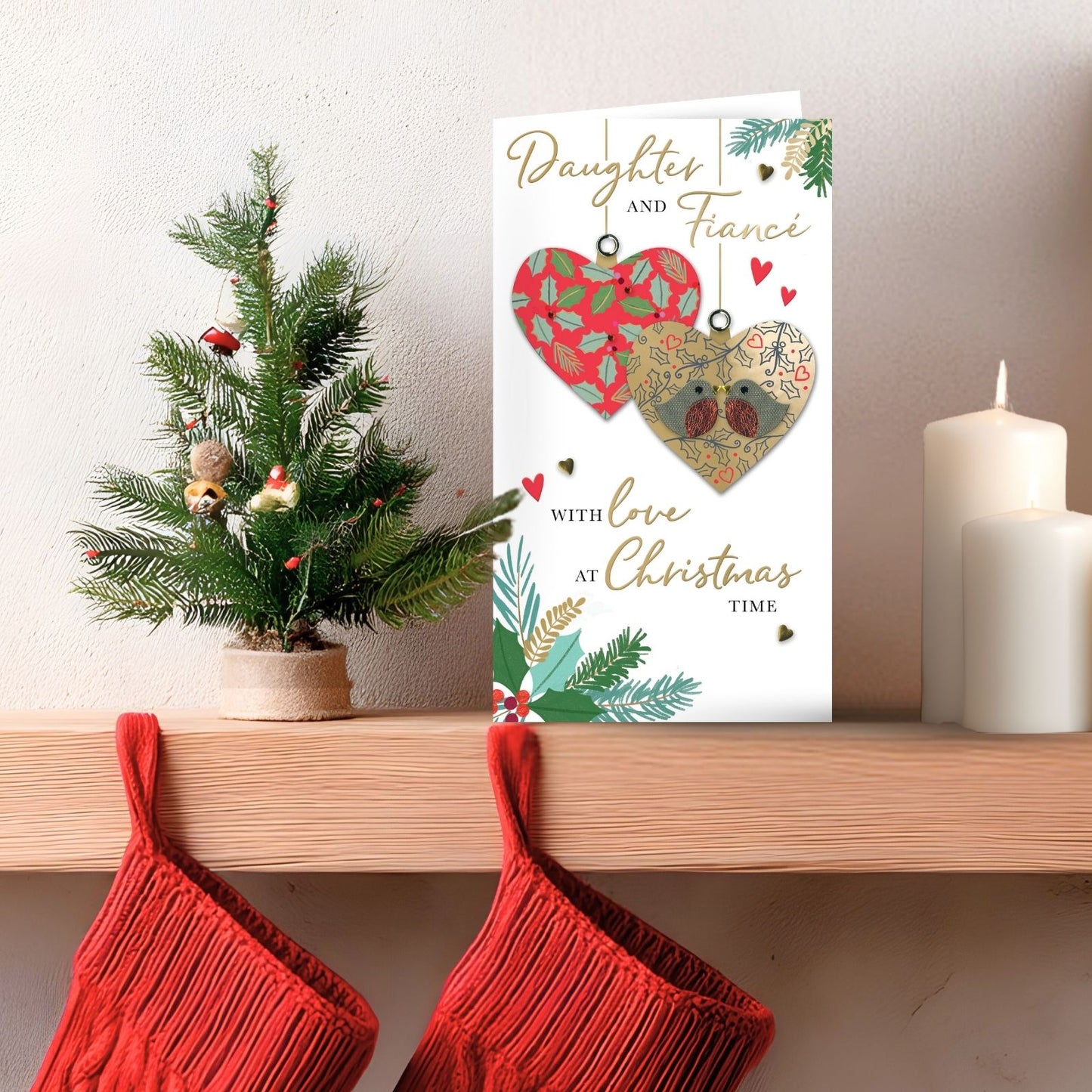 Daughter & Fiancé Christmas Card Hand-Finished Embellished Heart Baubles Design