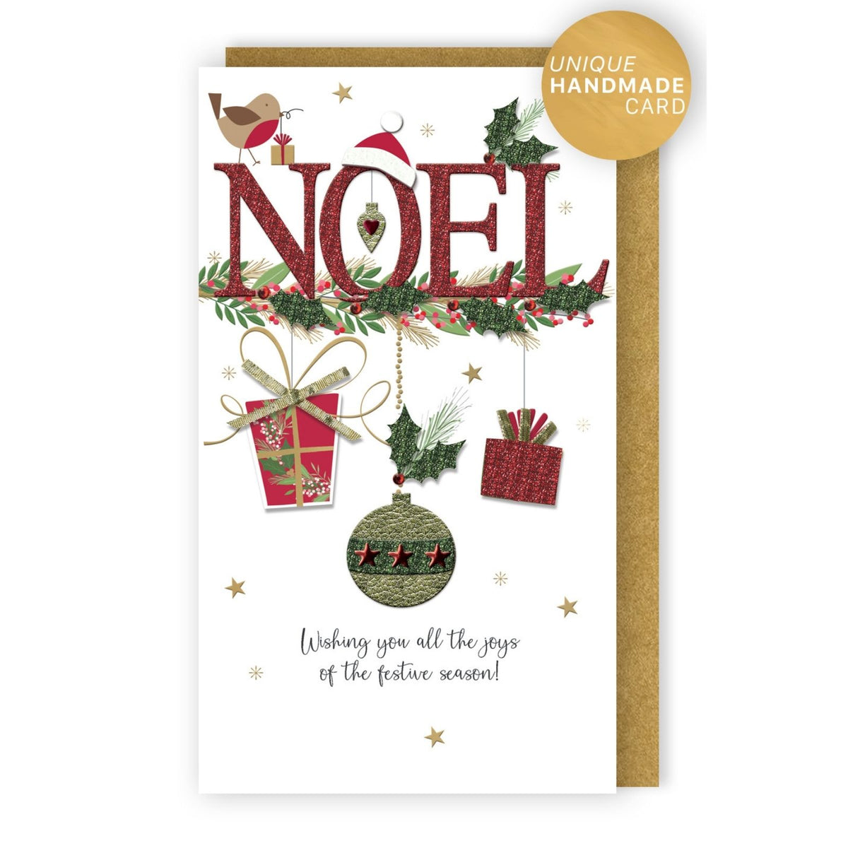 NOEL Christmas Card Champagne Hand-Finished Embellished Festive Design