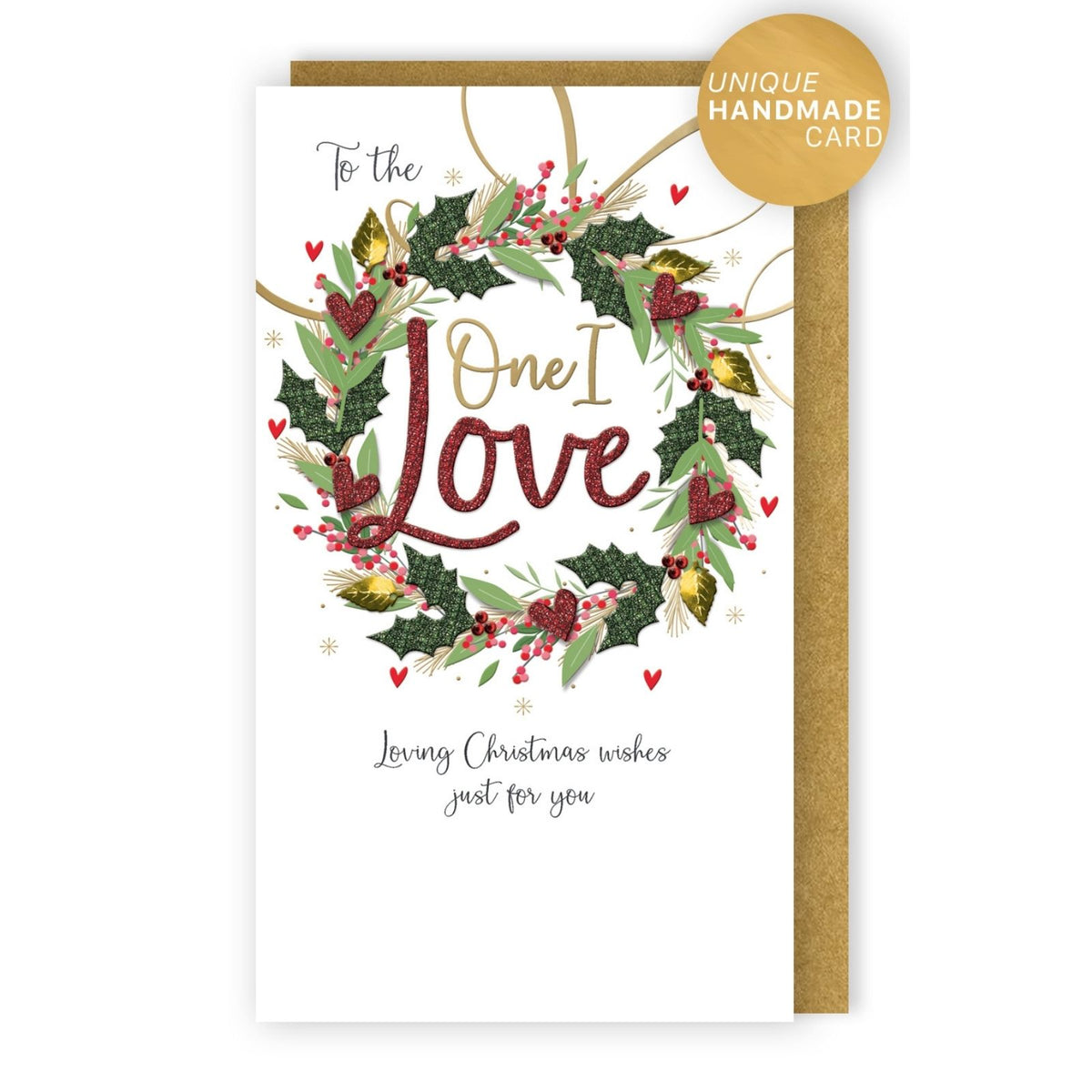 One I Love Christmas Card Champagne Hand-Finished Embellished Wreath Design