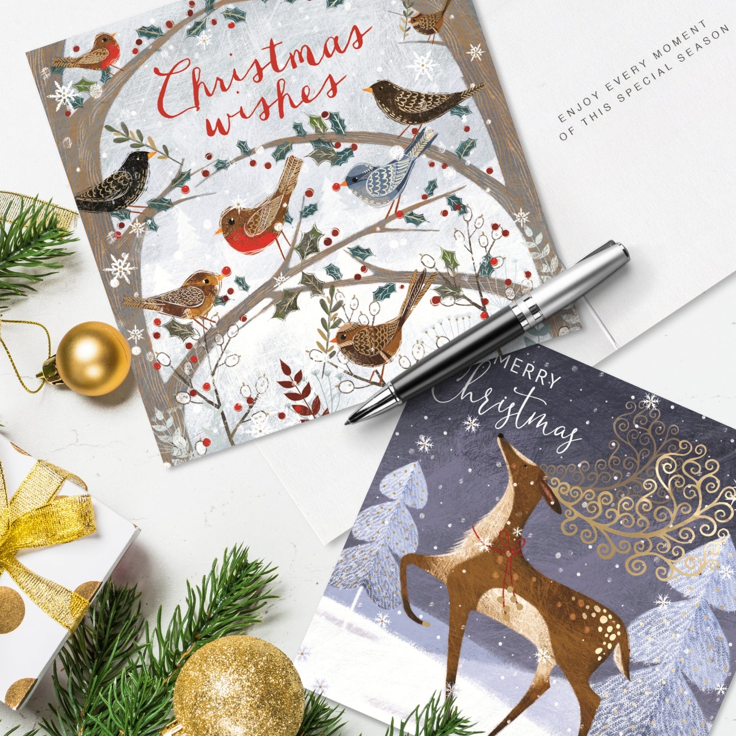 Box of 8 Foiled Birds & Festive Stag Christmas Cards