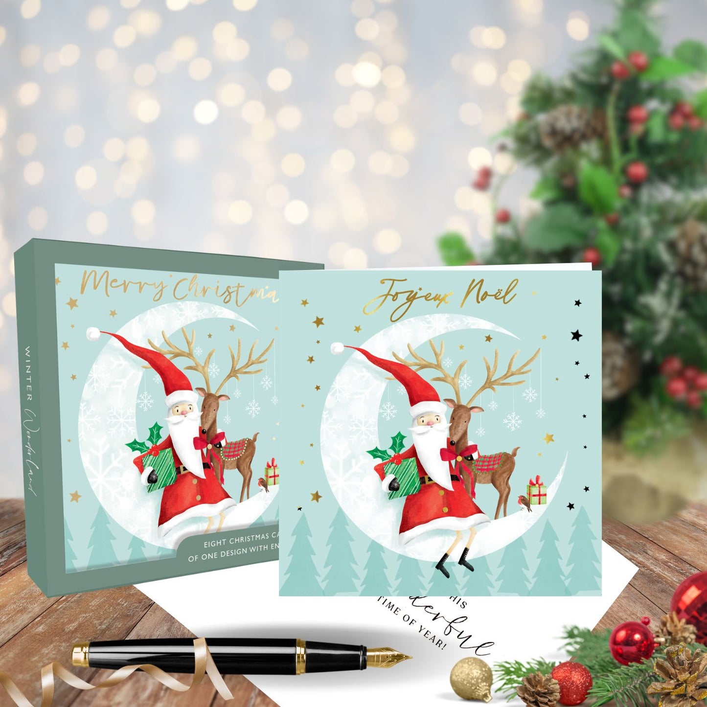 Box Of 8 Merry Christmas Santa & Reindeer Moon Christmas Cards Xmas Card Boxes