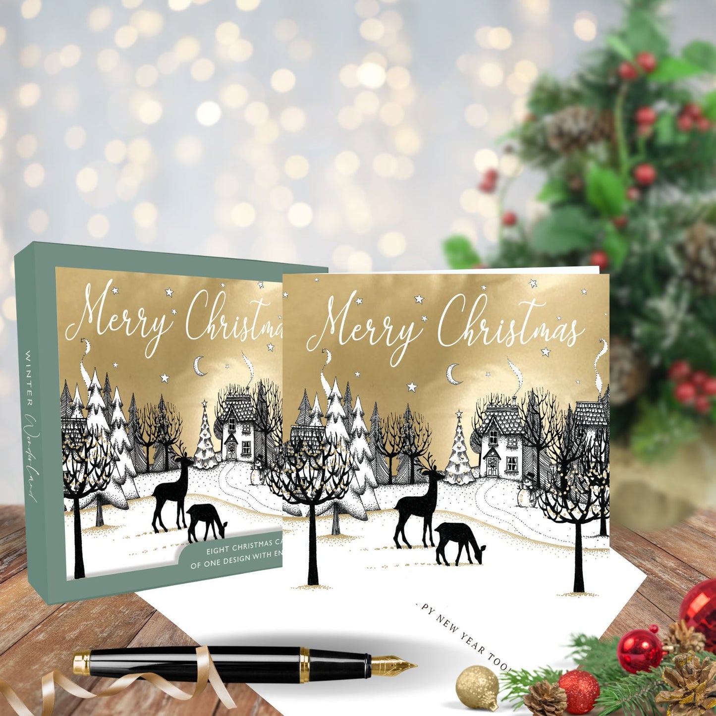 Box Of 8 Merry Christmas Golden Reindeer Magic Christmas Cards Xmas Card Boxes