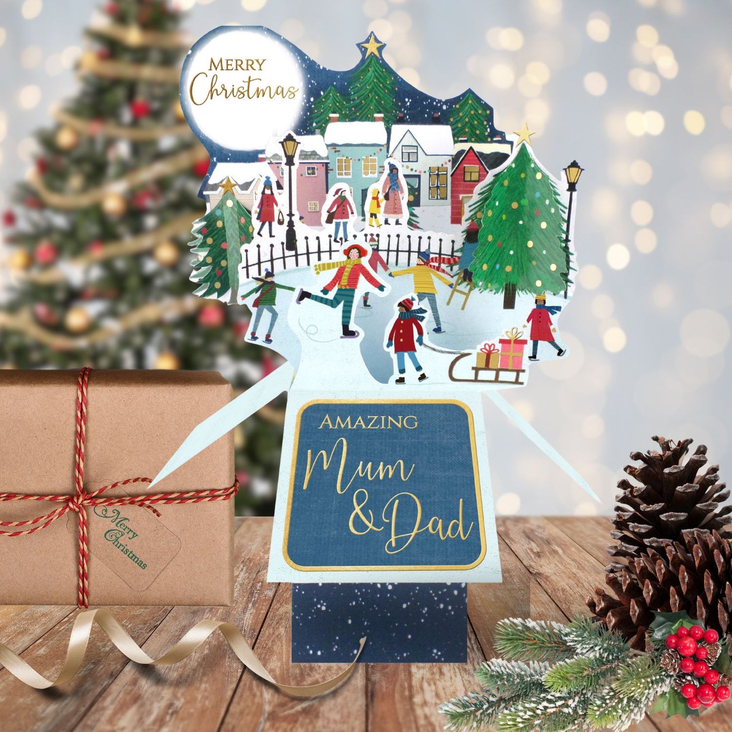 Clever Cubes Pop Up Amazing Mum & Dad Skating Fun Christmas Card 3D Xmas Card
