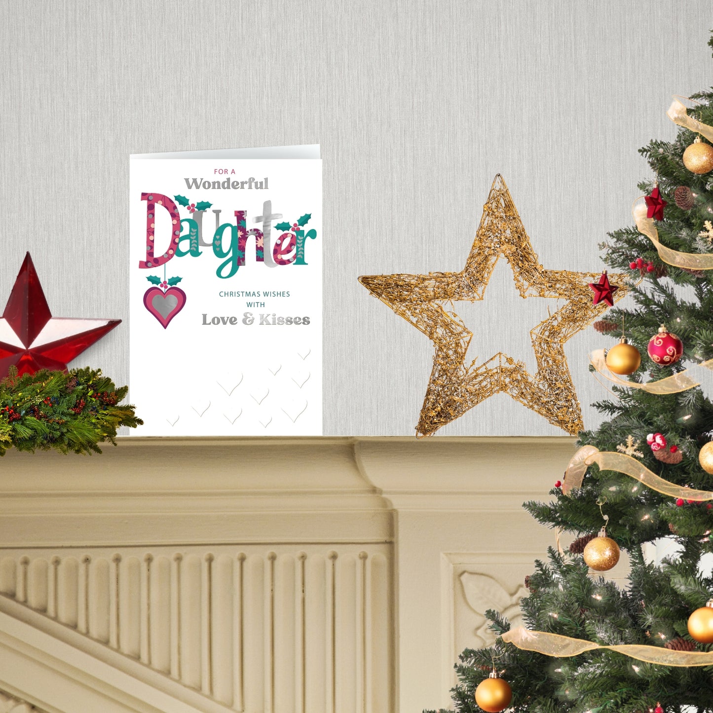 Love & Kisses Wonderful Daughter Festive Cheer Sparkly Christmas Greeting Card