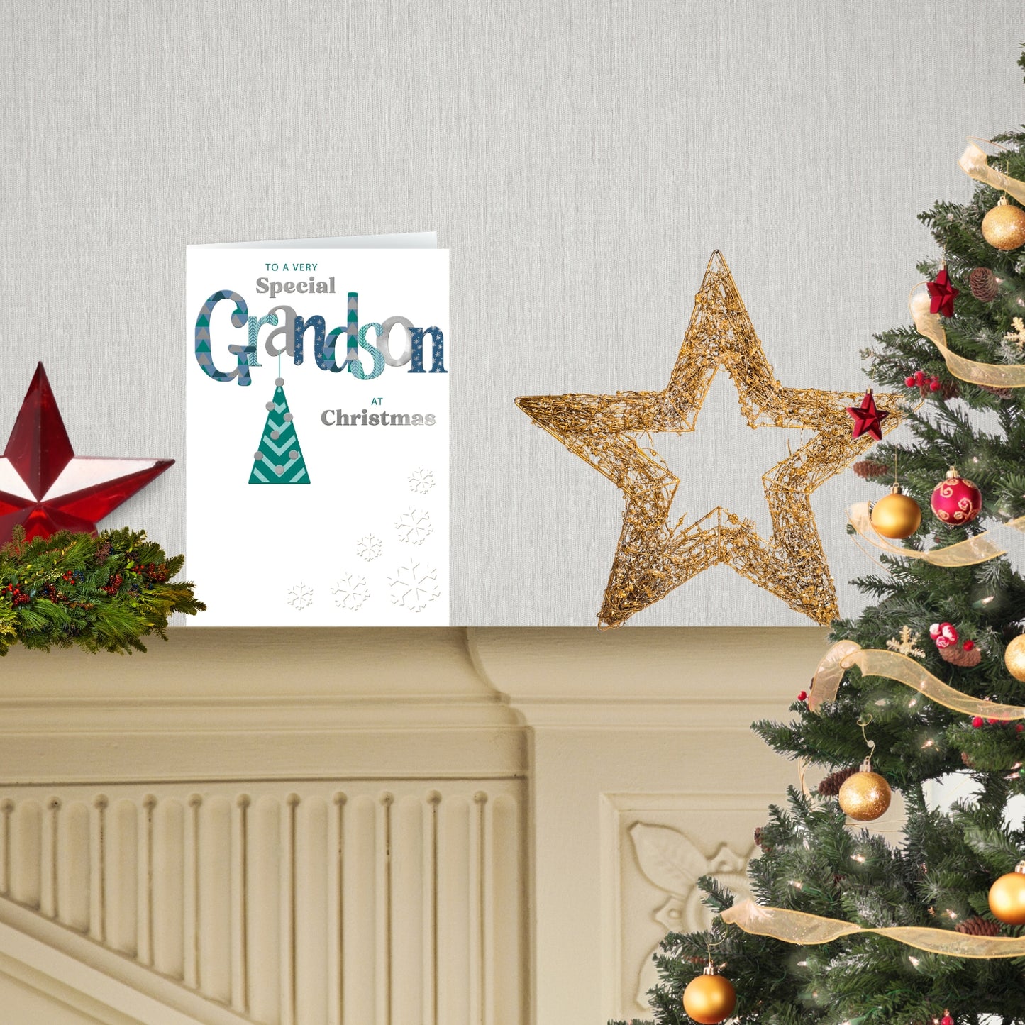 To A Very Special Grandson Festive Joy Tree Bauble Christmas Greeting Card