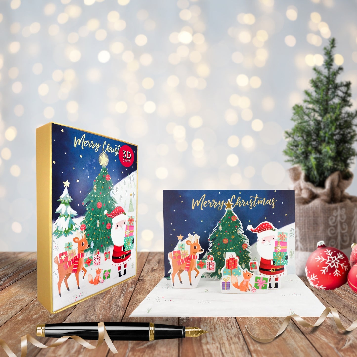 Box Of 5 Pop Up 3D Santa, Reindeer & Fox Christmas Cards Xmas Card Boxes