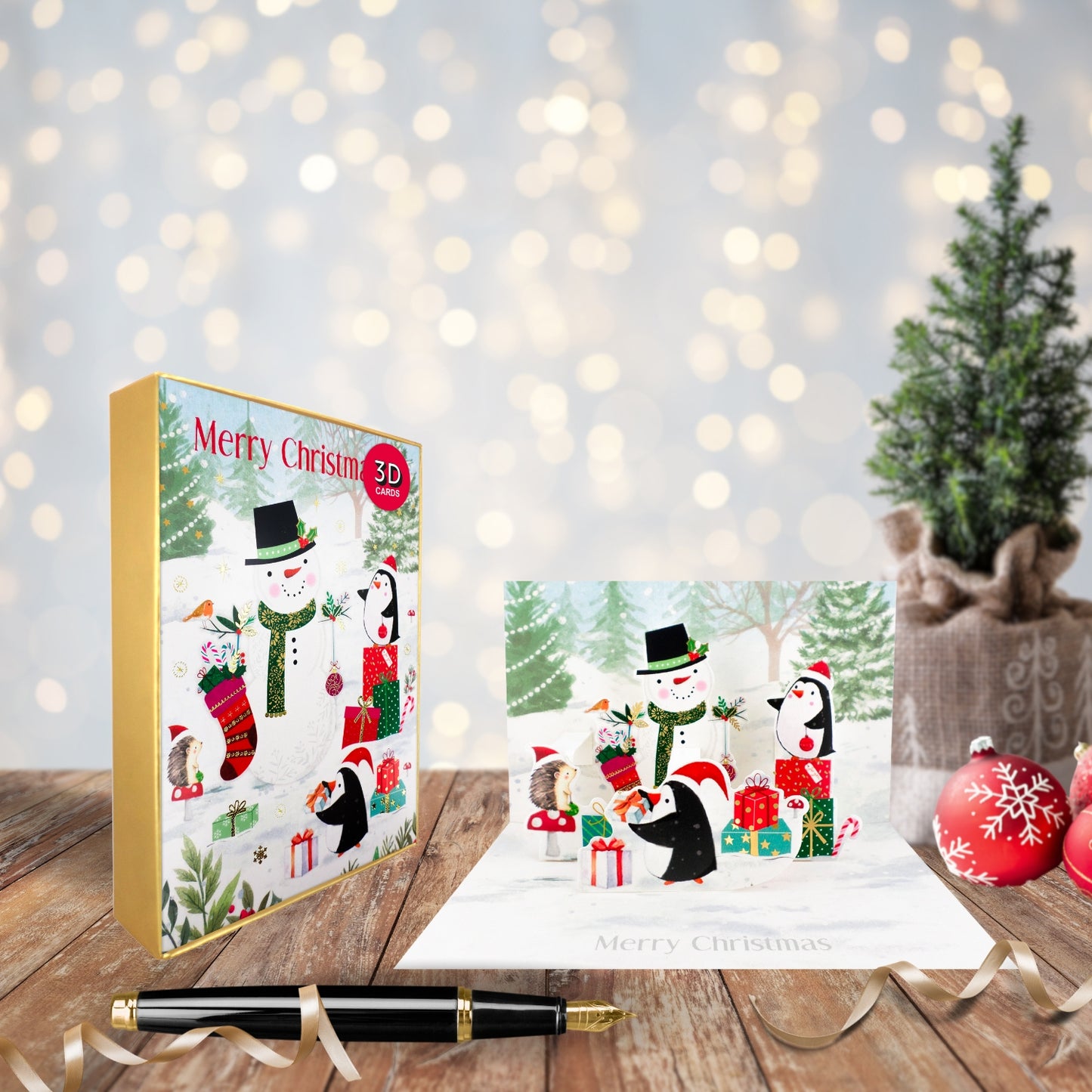 Box Of 5 Pop Up 3D Snowman & Penguins Christmas Cards Xmas Card Boxes