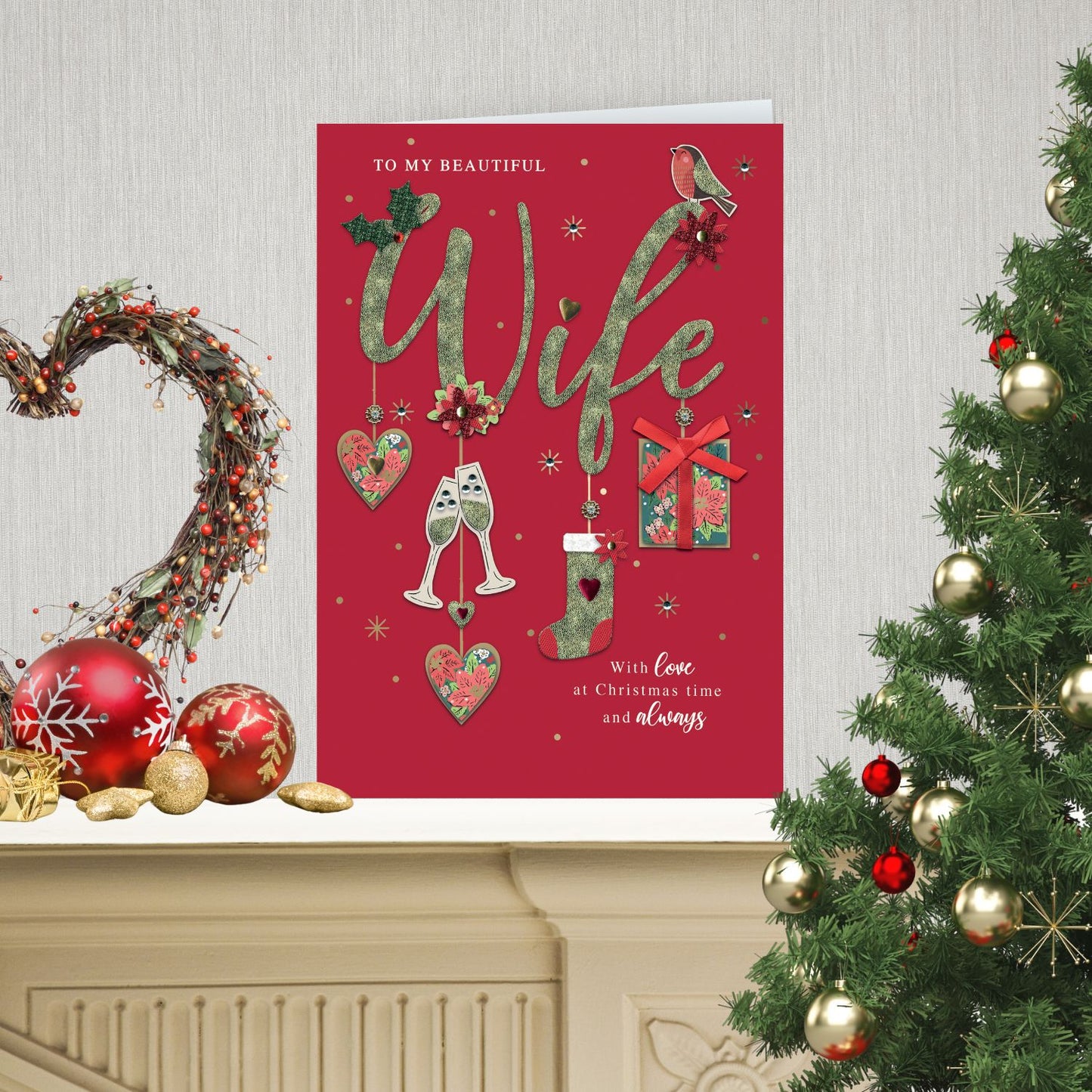 Embellished Beautiful Wife Luxury Lavish Keepsake Large Christmas Greeting Card