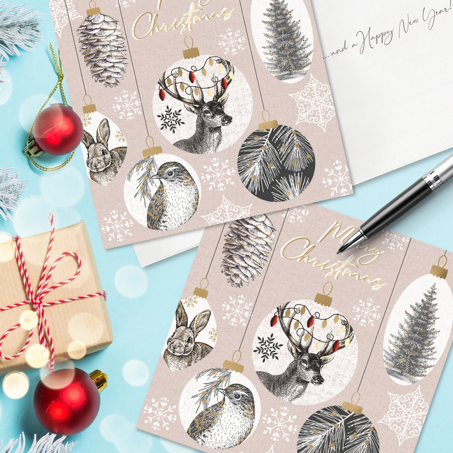 Box of 6 Xmas Scene Baubles Luxury Hand-Finished Christmas Cards