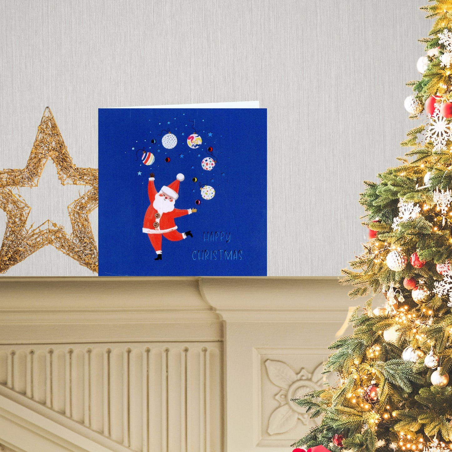 Sparkle Santa Juggling Baubles Embellished Hand-Finished Christmas Greeting Card