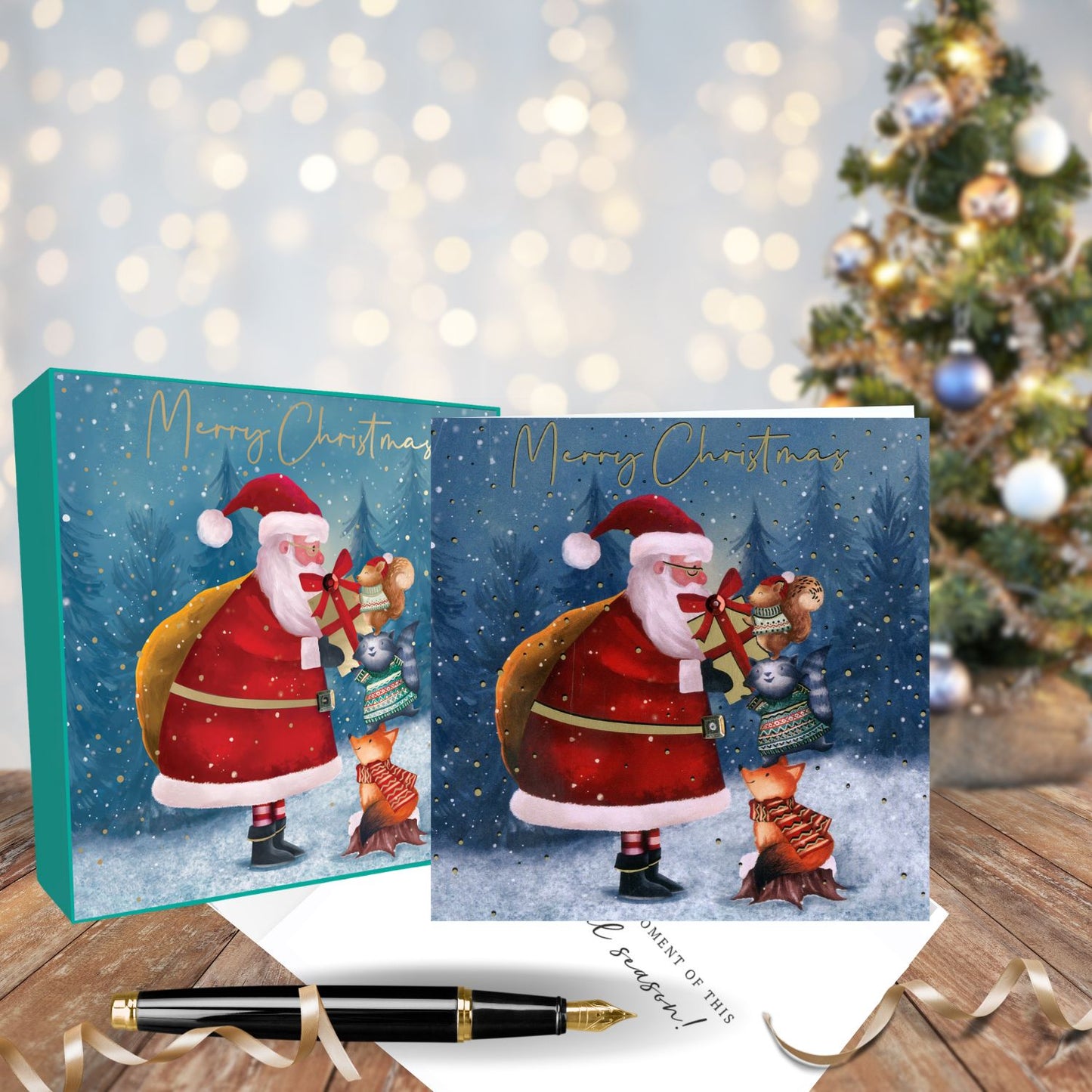 Box Of 6 Sparkle Santa & Animals Embellished Christmas Cards Xmas Card Boxes