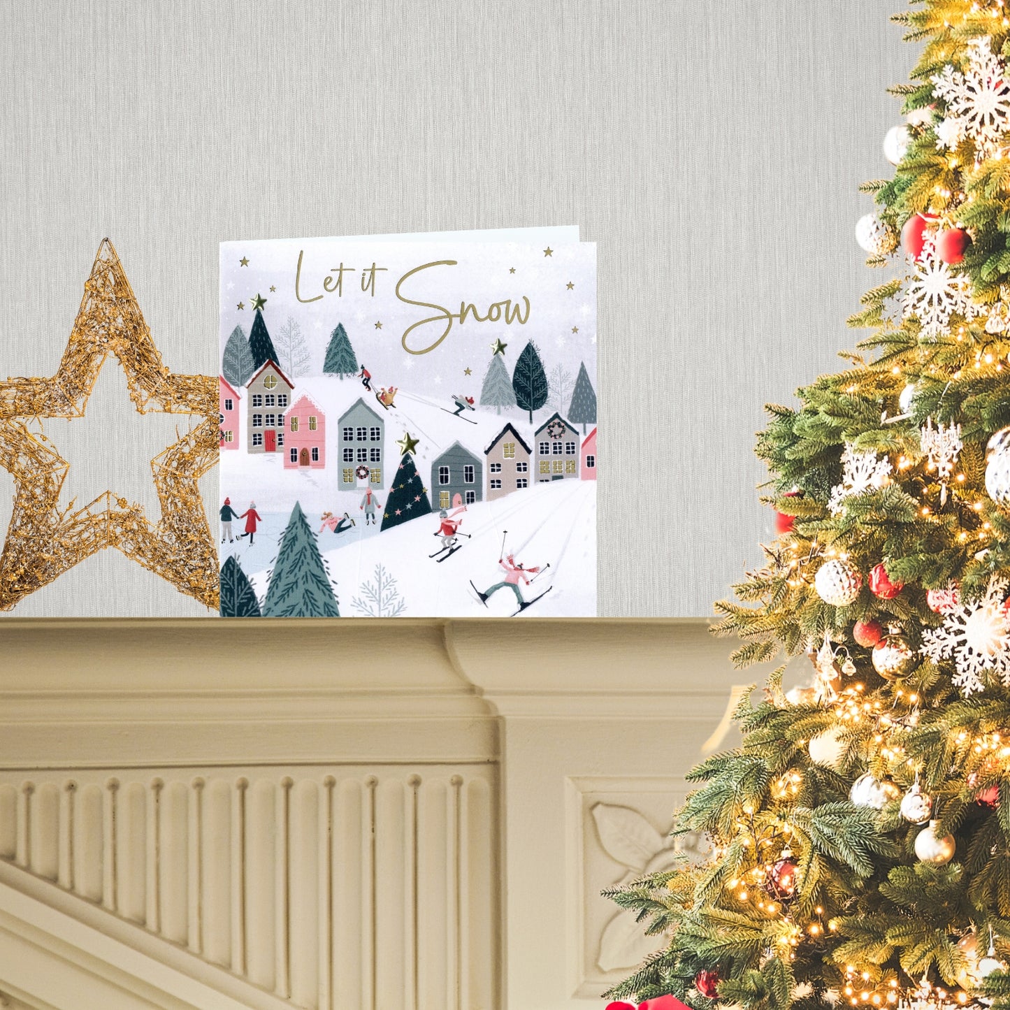 Sparkle Winter Village Skiers Embellished Hand-Finished Christmas Greeting Card