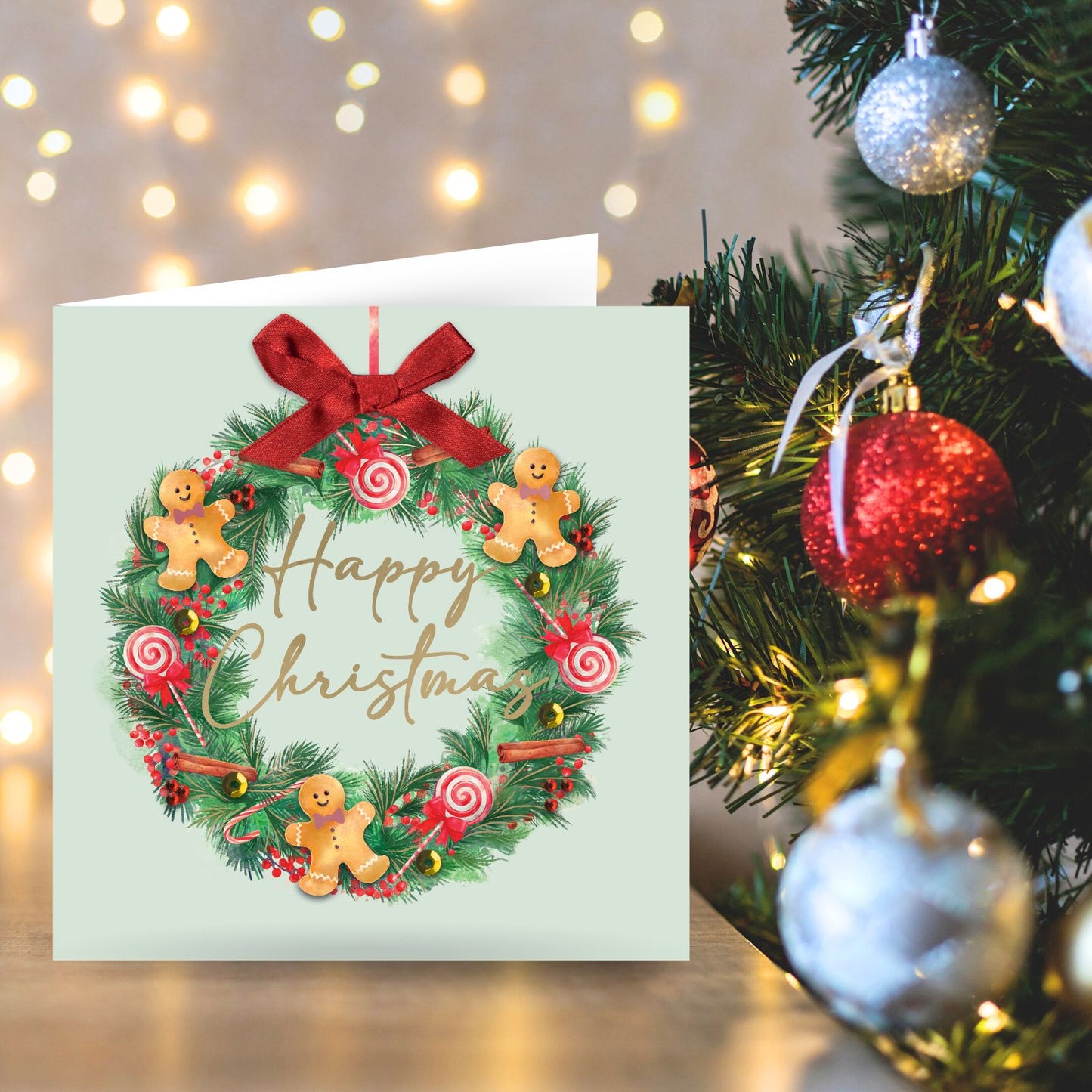 Individual Hand-Finished Christmas Card Embellished Gingerbread Wreath Design