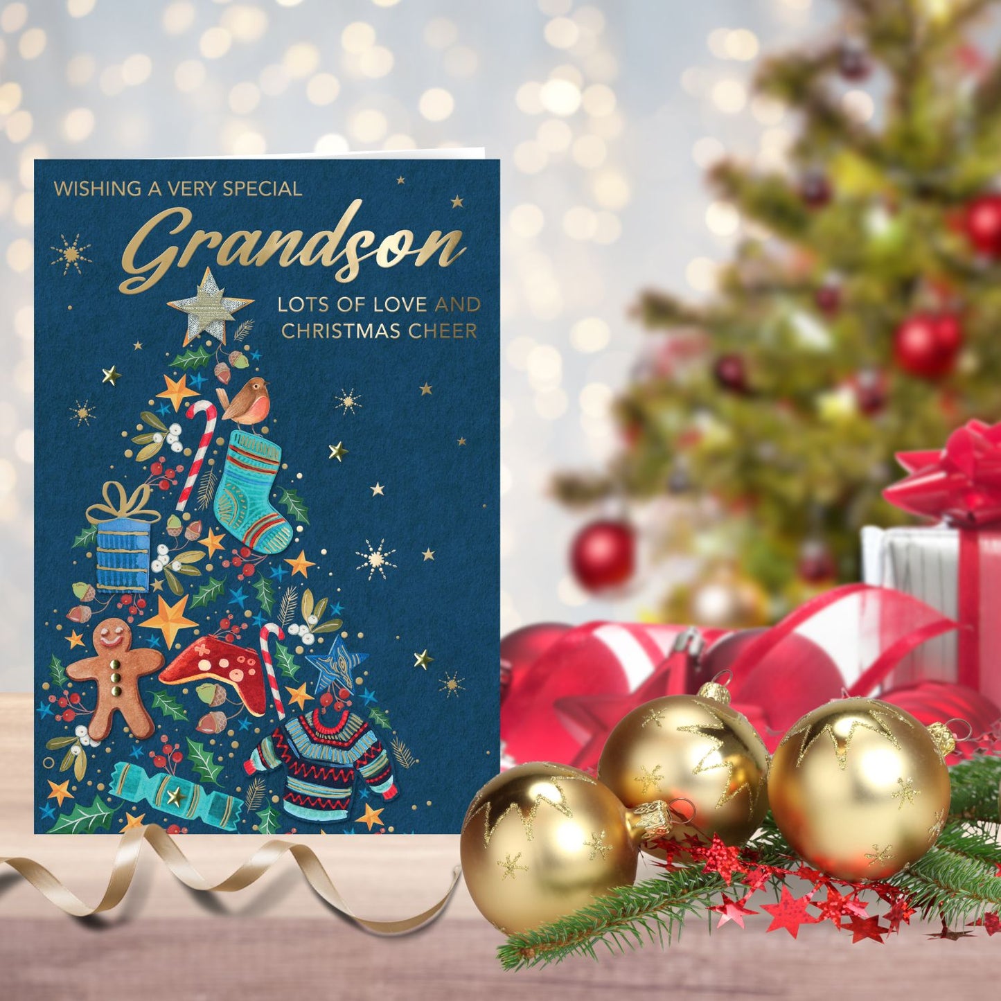 Magnifique Embellished Christmas Cheer Grandson Large Christmas Greeting Card