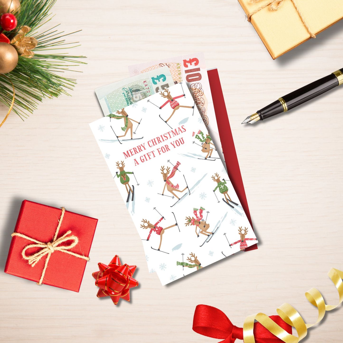 Skiing Reindeers Christmas Money Wallet Gift Card