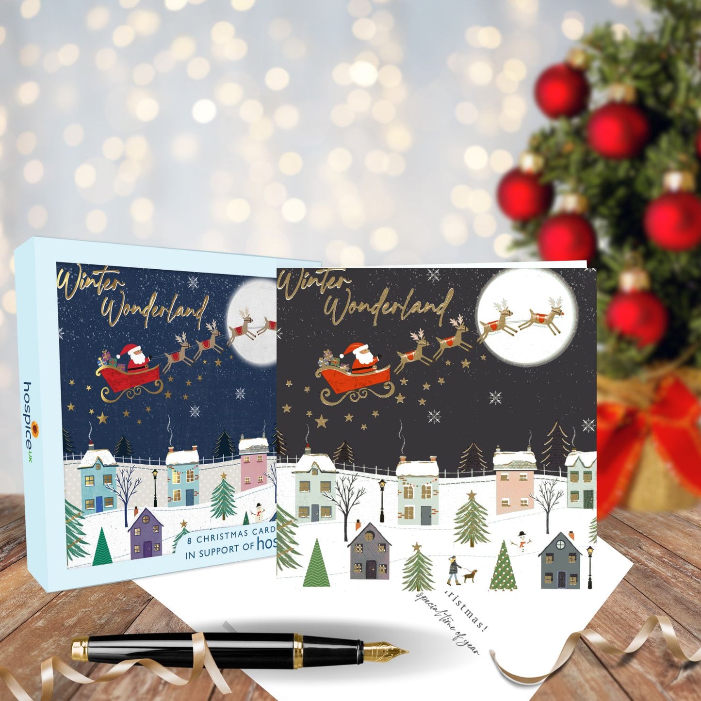 Box Of 8 Santa Sleigh Winter Wonderland Hospice UK Charity Christmas Cards