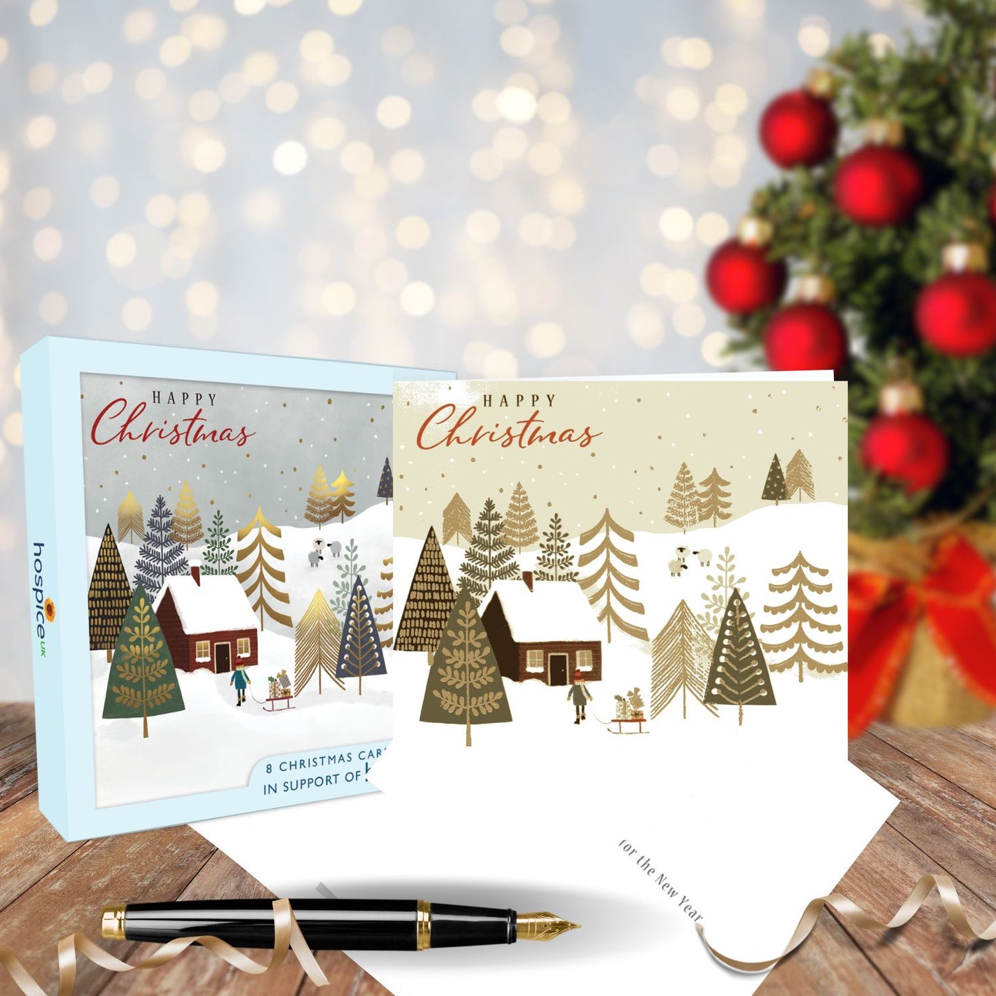 Box Of 8 Happy Christmas Girl With Sleigh Hospice UK Charity Christmas Cards