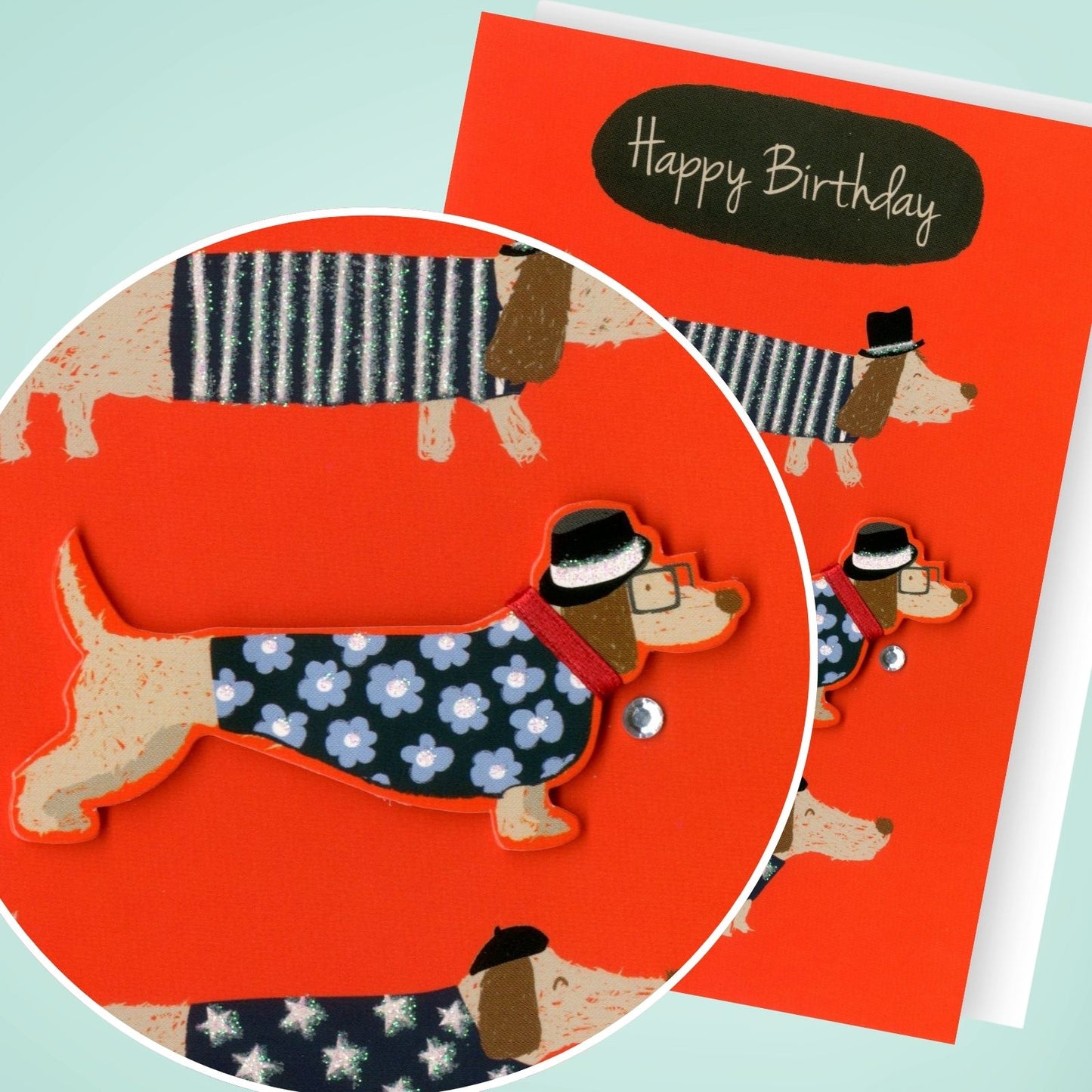 Hand-Finished Birthday Card Happy Birthday Sausage Dogs Fun Embellished Design