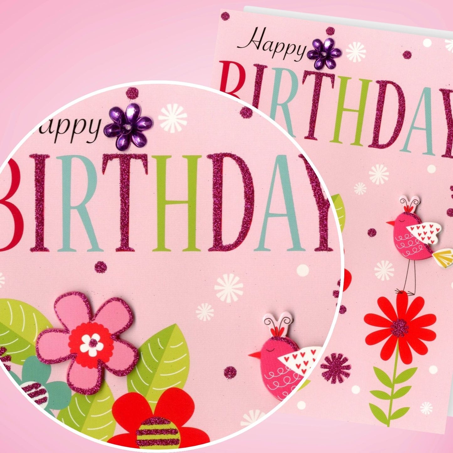 Hand-Finished Happy Birthday Card Pink Floral Embellished Card For Her