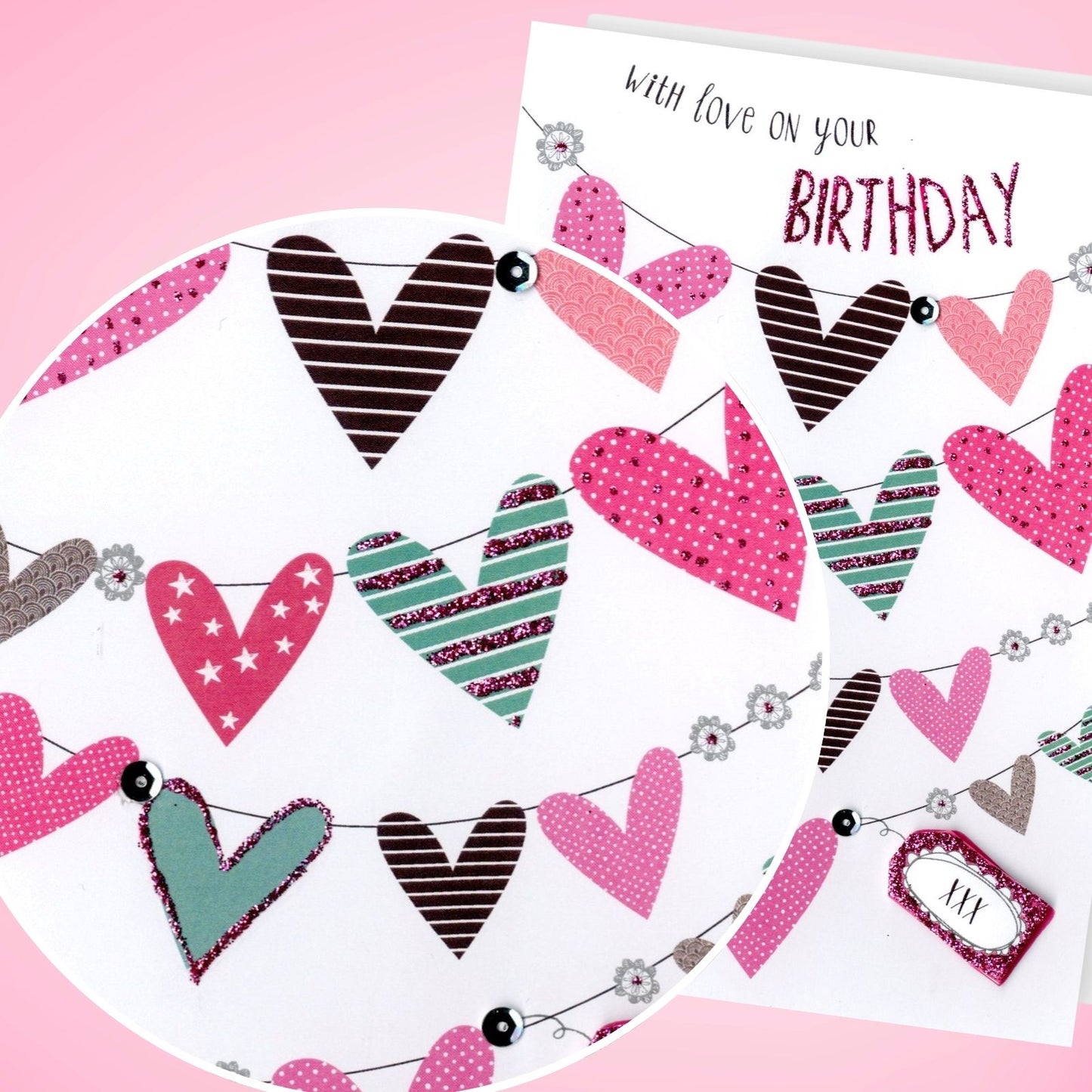 Hand-Finished Birthday Card Embellished Celebration Love Hearts For Her