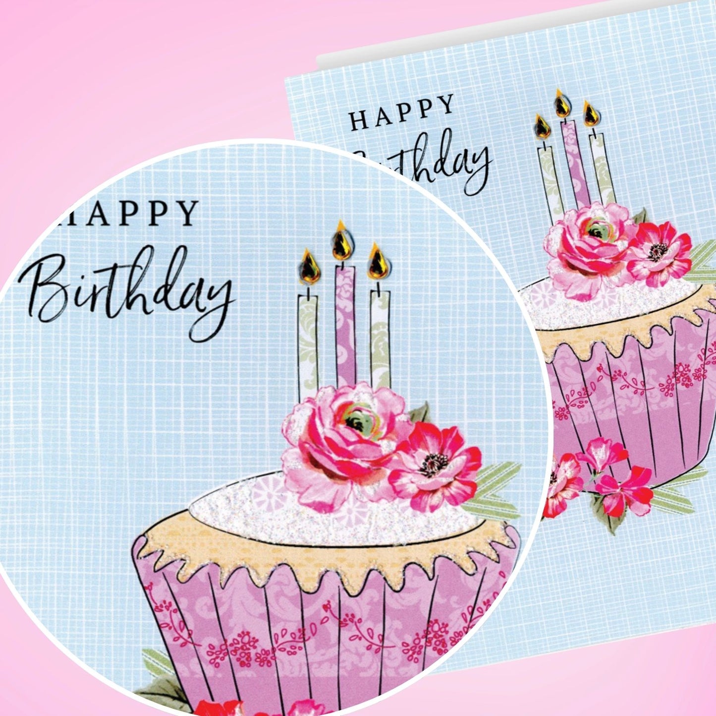Hand-Finished Floral Cupcake Birthday Card Glittered Embellished For Her