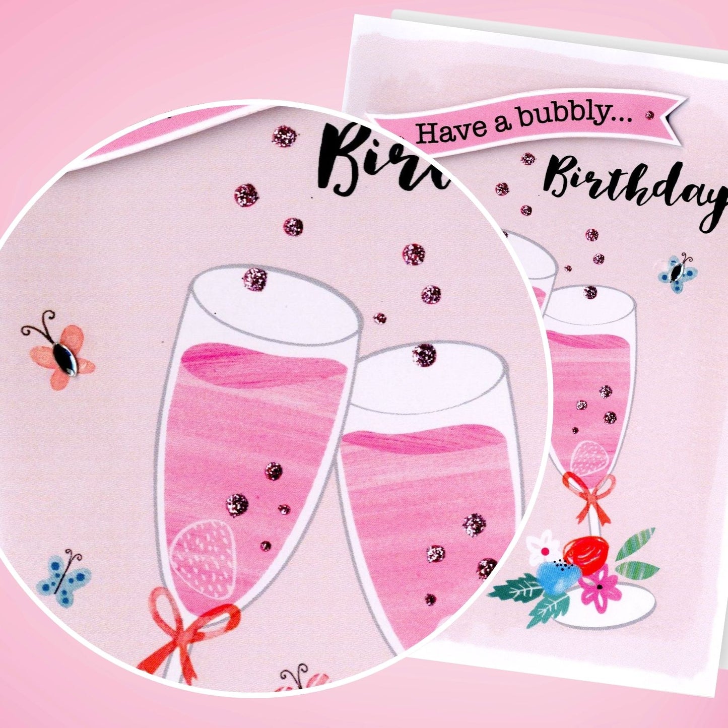 Hand-Finished Birthday Card Sparkling Celebration Glittered Bubbly For Her