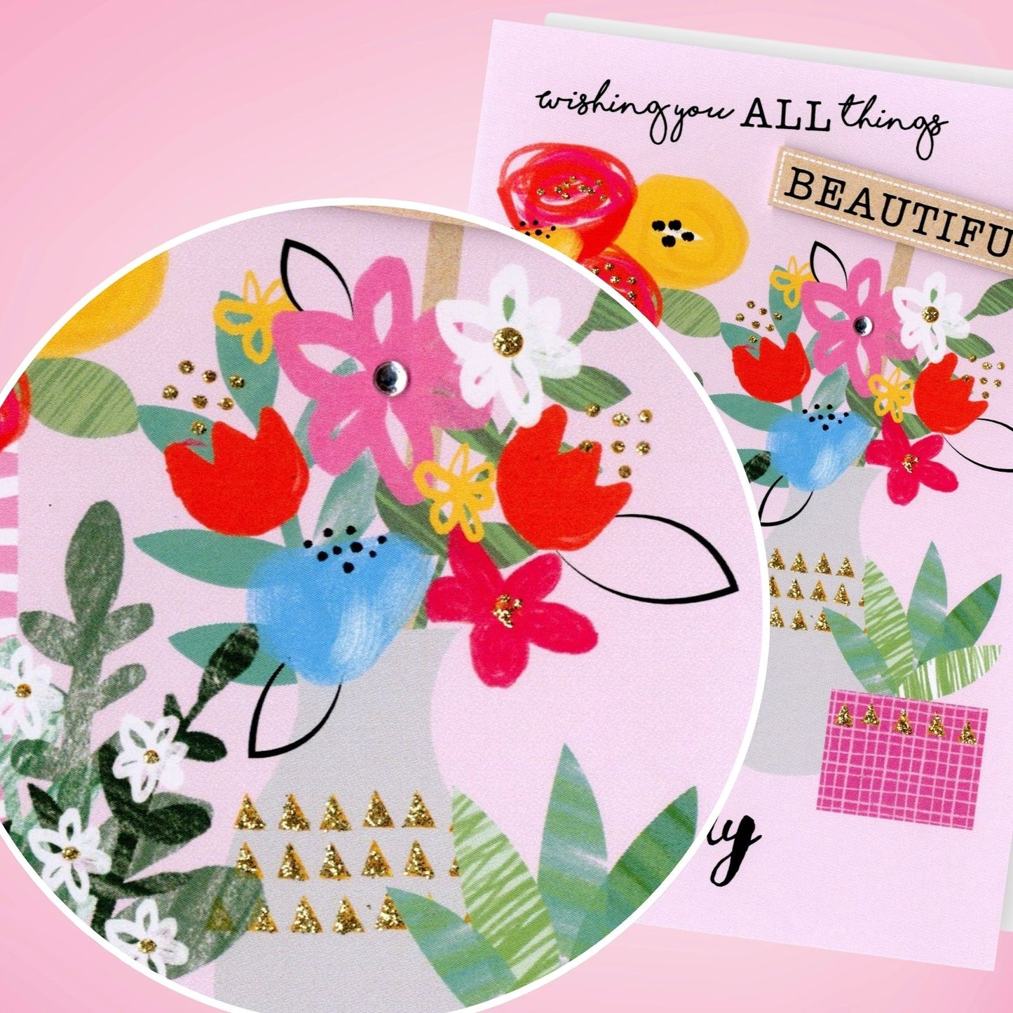 Hand-Finished Beautiful Birthday Card Floral Embellished Glittered For Her