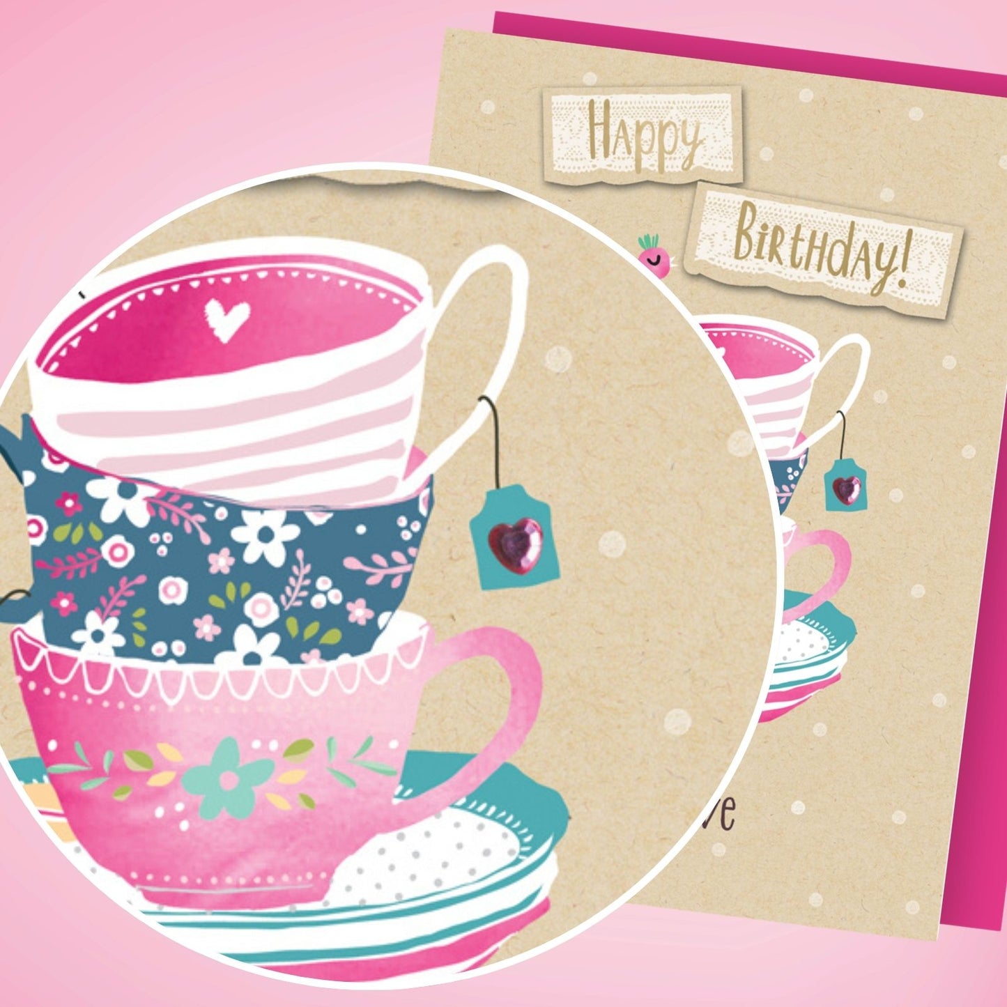 Hand-Finished Birthday Greeting Card Embellished Foiled Teacups For Her