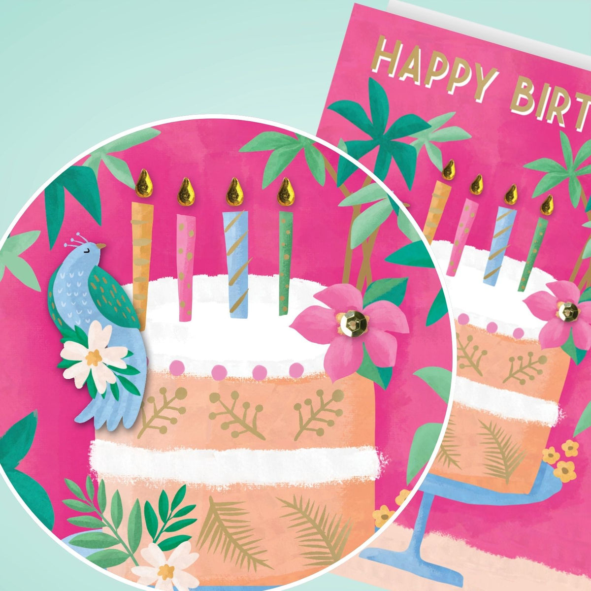 Hand-Finished Birthday Card Pink Cake & Bird Happy Birthday Celebration For Her