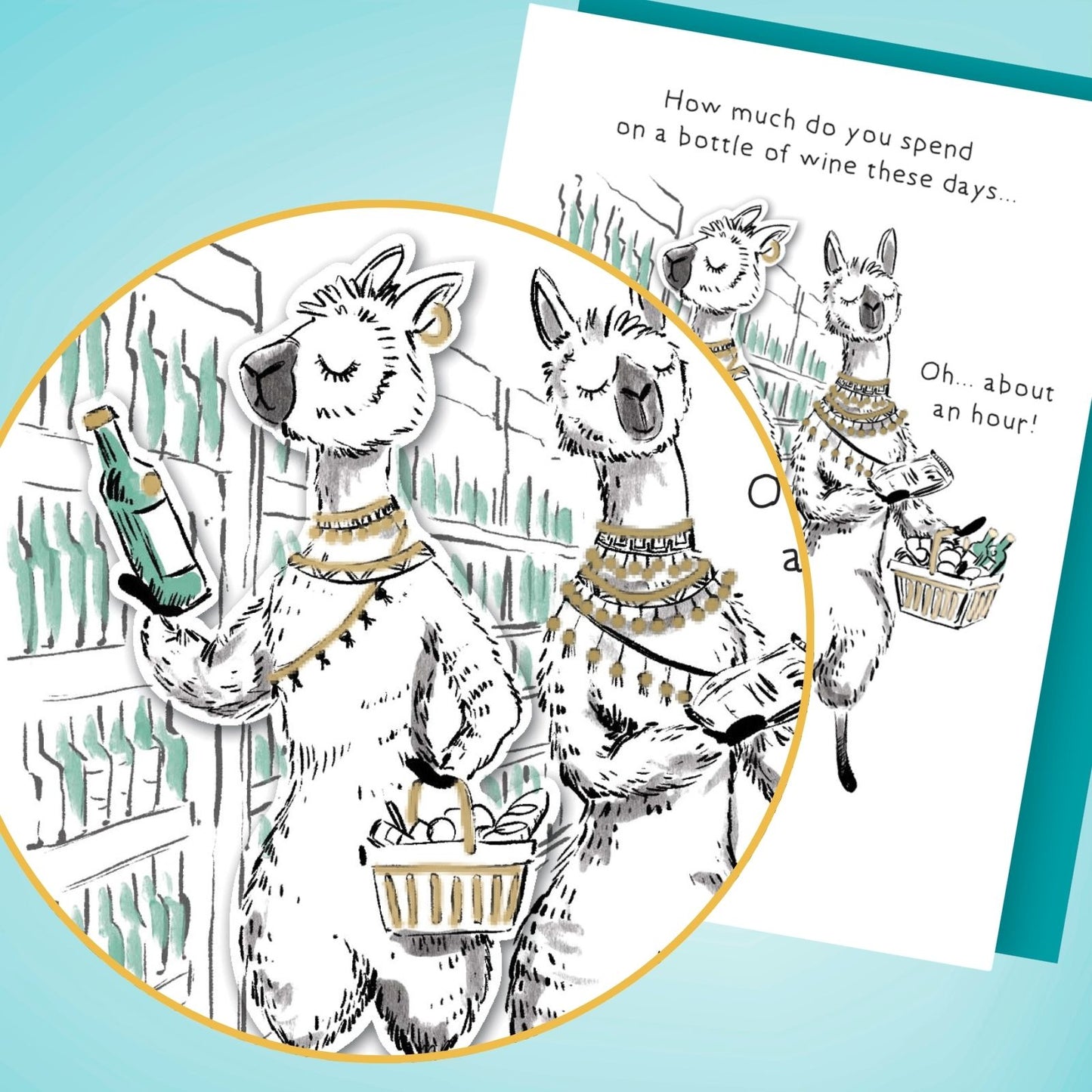 Hand-Finished Funny Greeting Card Lamas With Wine Blank For Any Occasion
