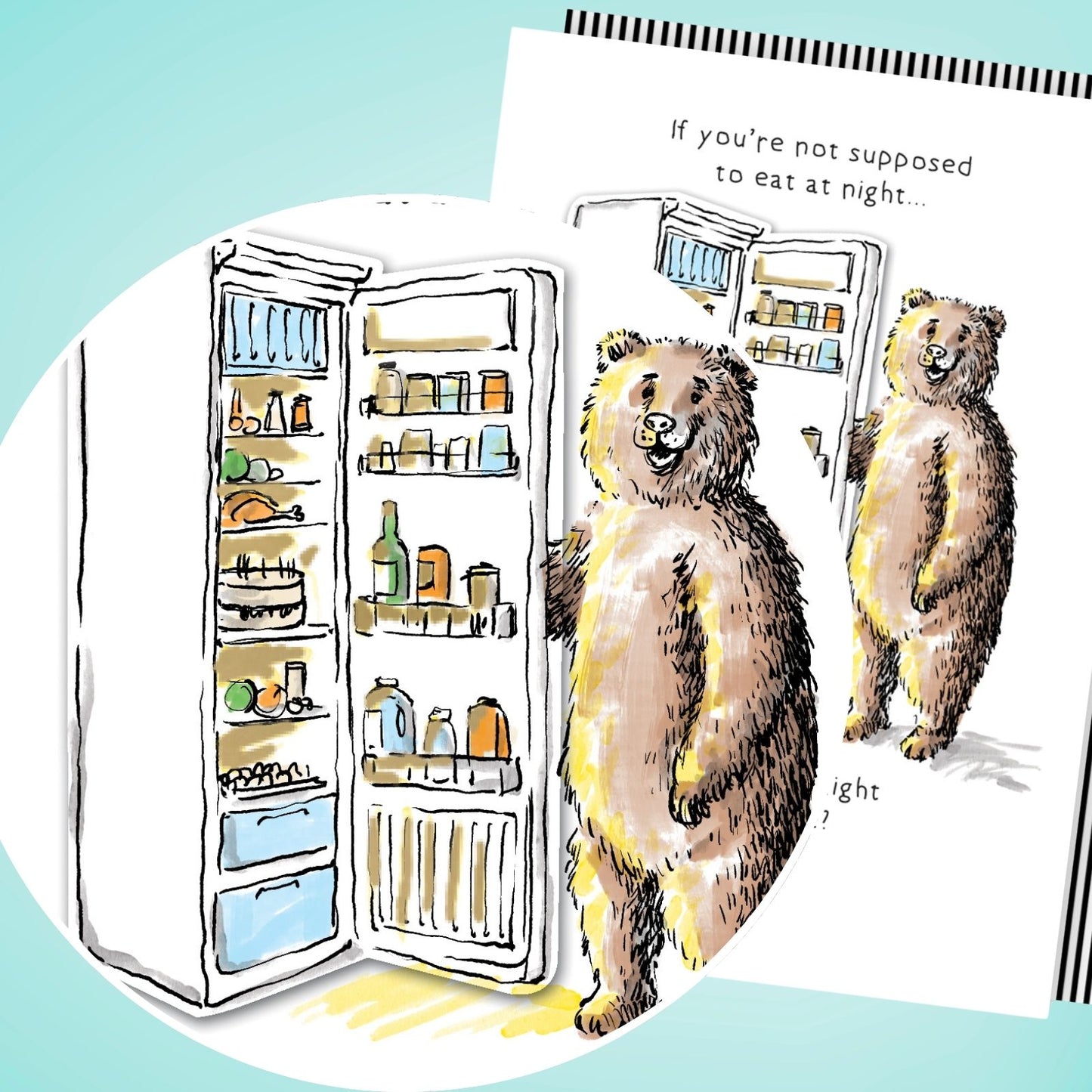 Hand-Finished Midnight Snack Greeting Card Bear Fridge Blank For Any Occasion